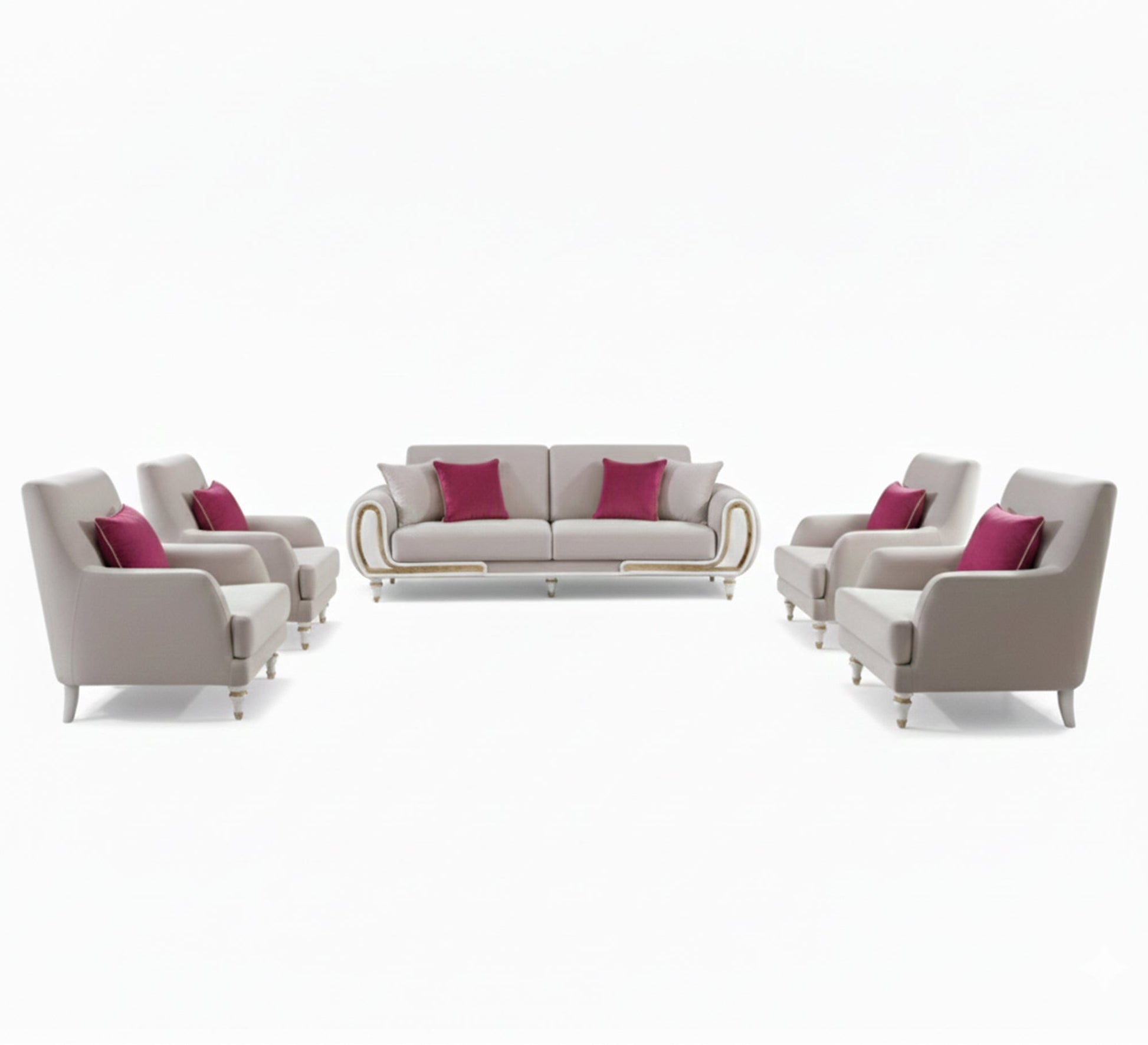 White & Gold Living Room with Fuchsia Accent Pillow - Vitrine Furniture - Living room sets