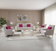 White & Gold Living Room with Fuchsia Accent Pillow - Vitrine Furniture - Living room sets