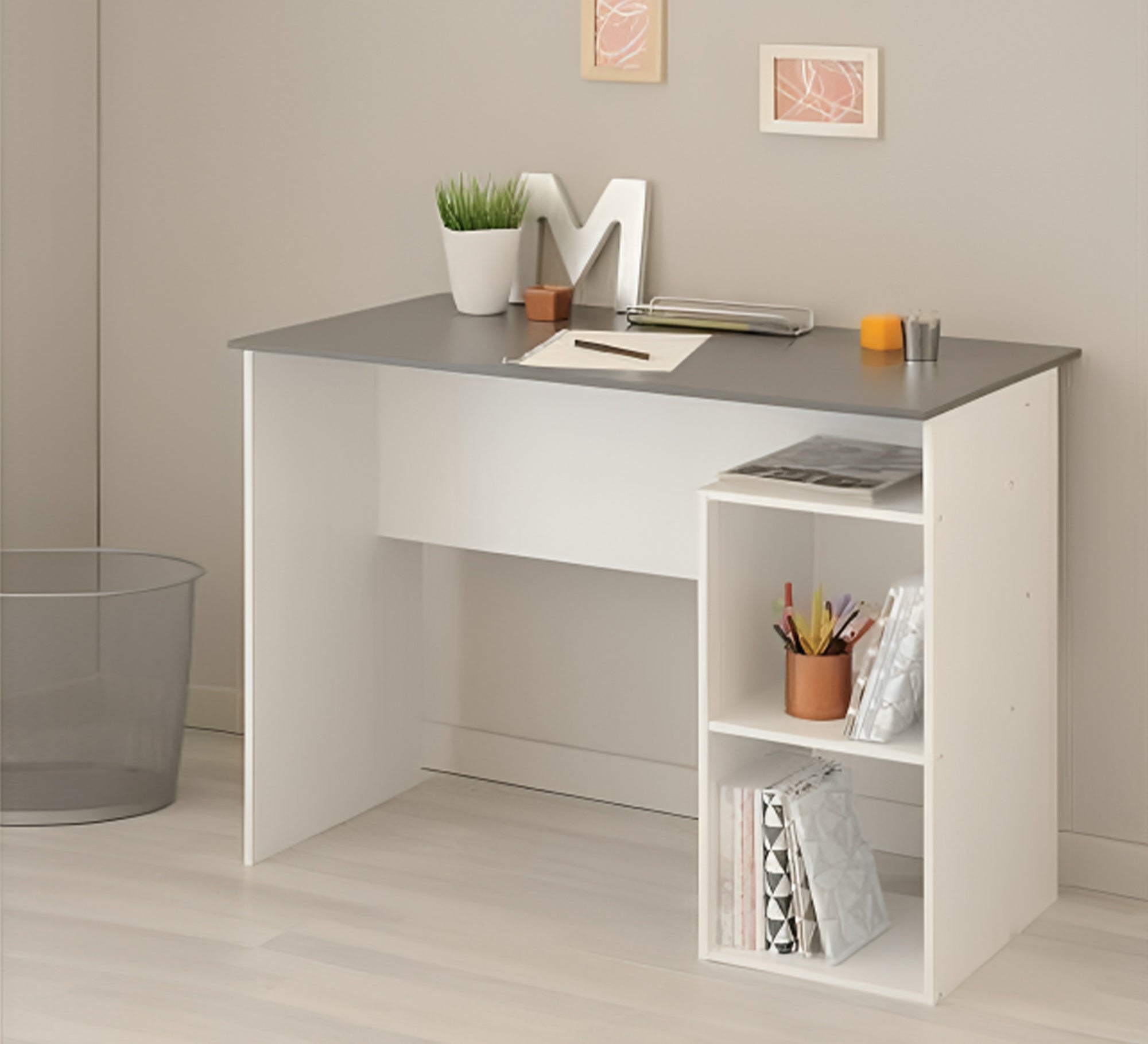 White & Gray Study Desk - Modern, Compact Design - Vitrine Furniture - Furniture