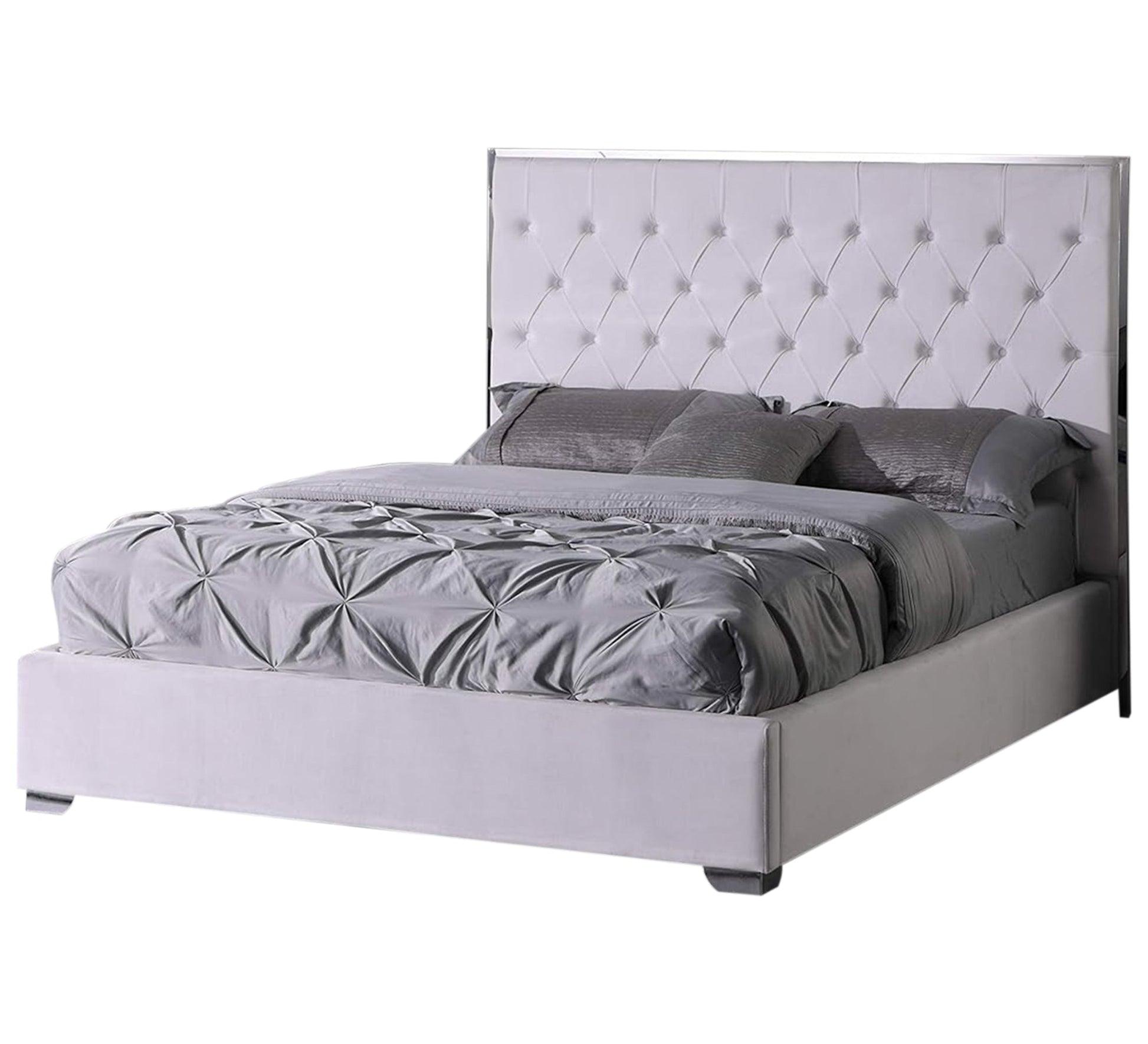 White king - size bed with a high capitone headboard and a silver frame - Vitrine Furniture - Furniture