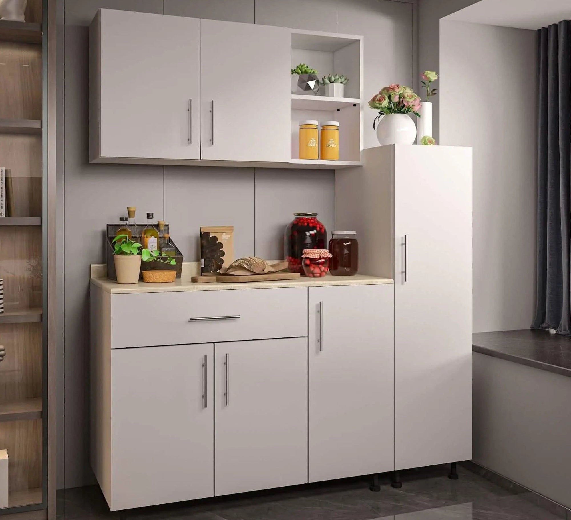 White kitchen unit with vertical and horizontal storage units - Vitrine Furniture - Furniture
