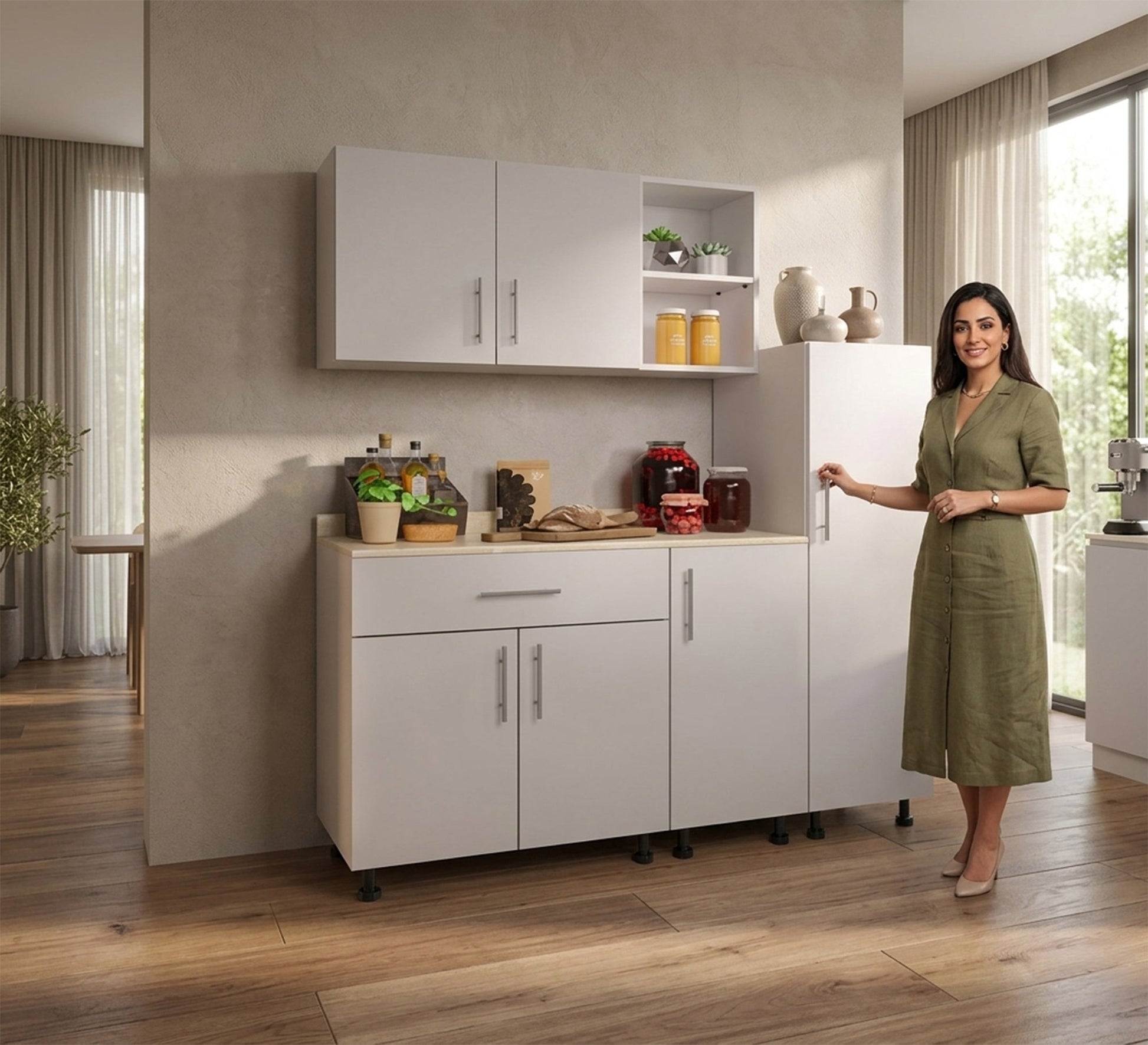 White kitchen unit with vertical and horizontal storage units - Vitrine Furniture - Kitchen Set