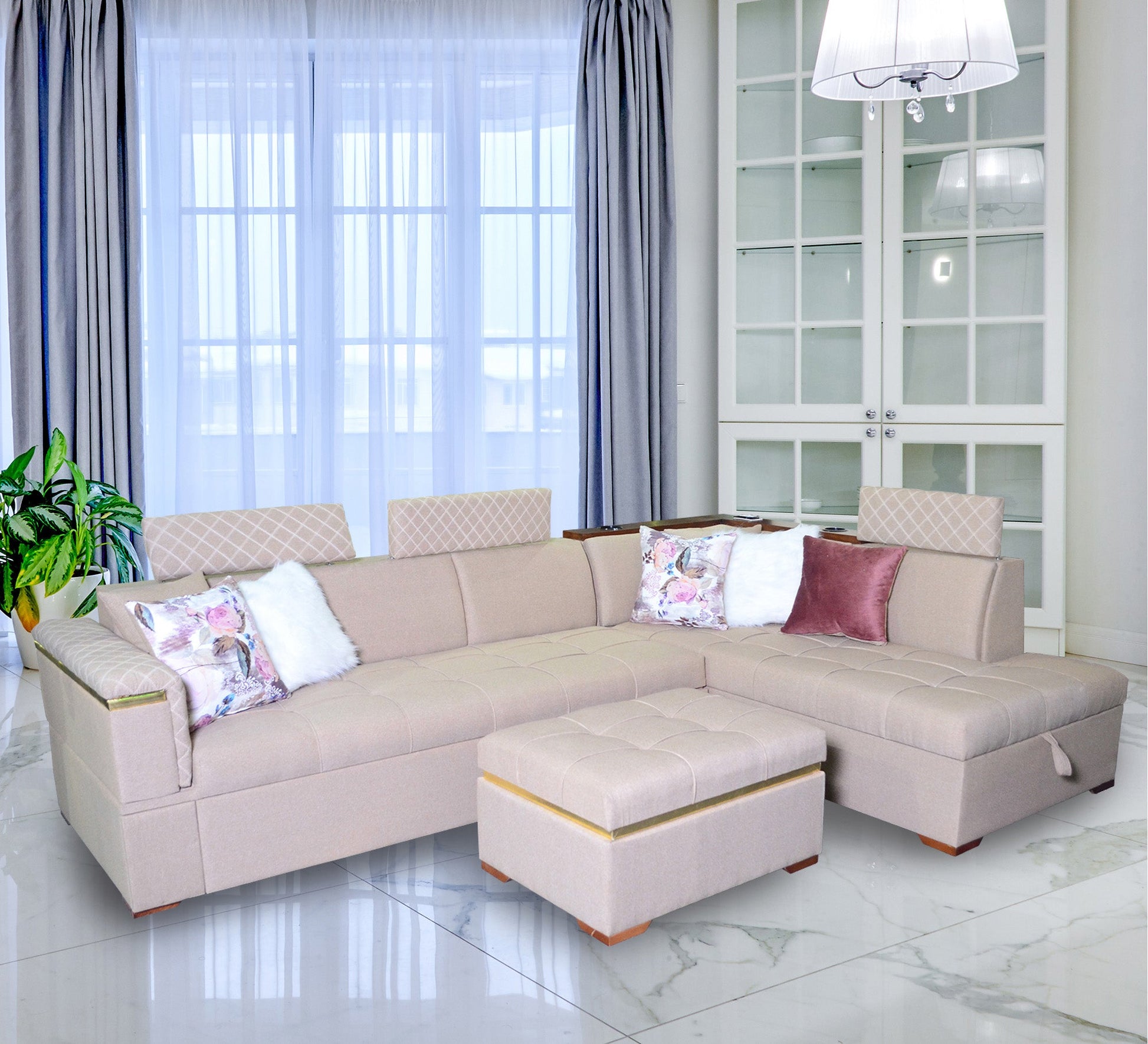 white living room corner with a chaise longue and a bed - Vitrine Furniture - L - shape sofa set