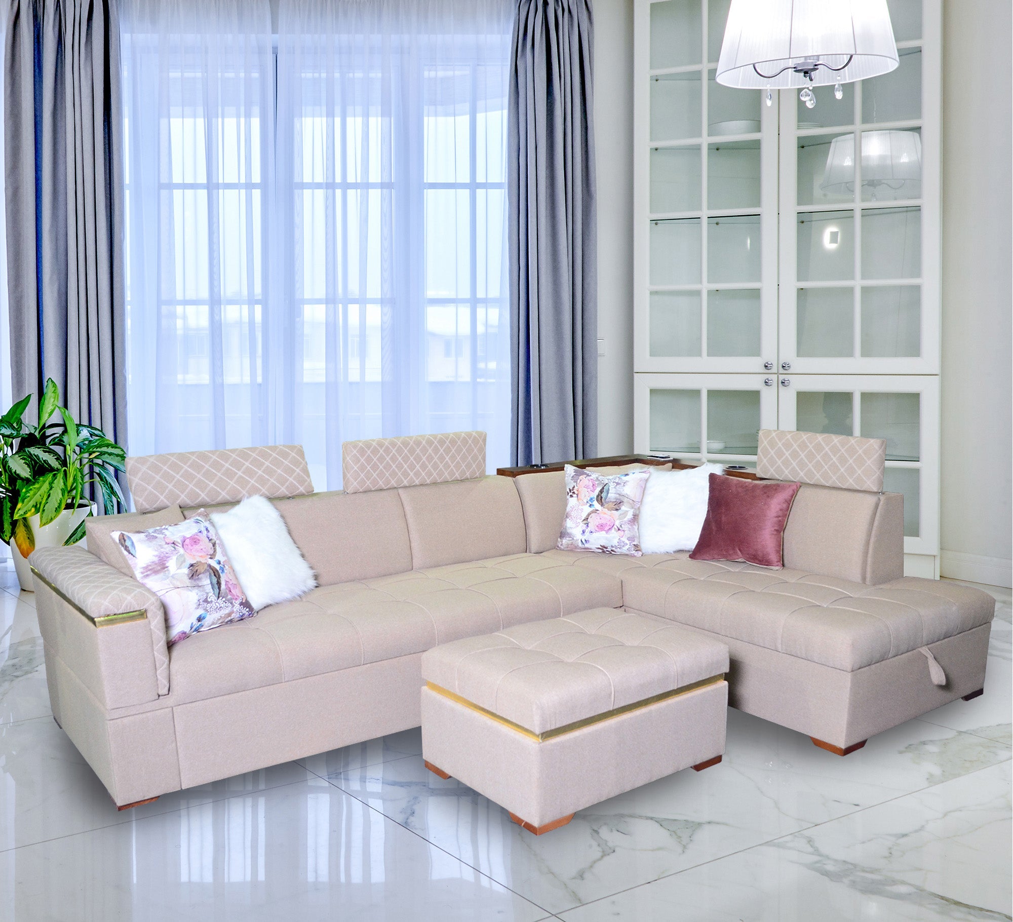 white living room corner with a chaise longue and a bed - Vitrine Furniture - L - shape sofa set