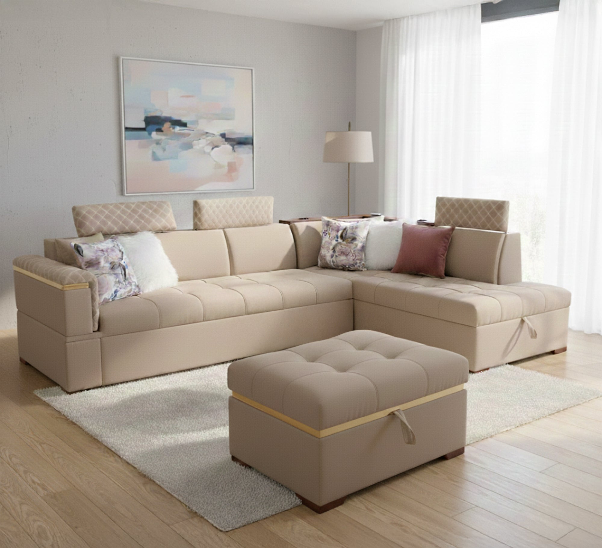 white living room corner with a chaise longue and a bed - Vitrine Furniture - L - shape sofa set