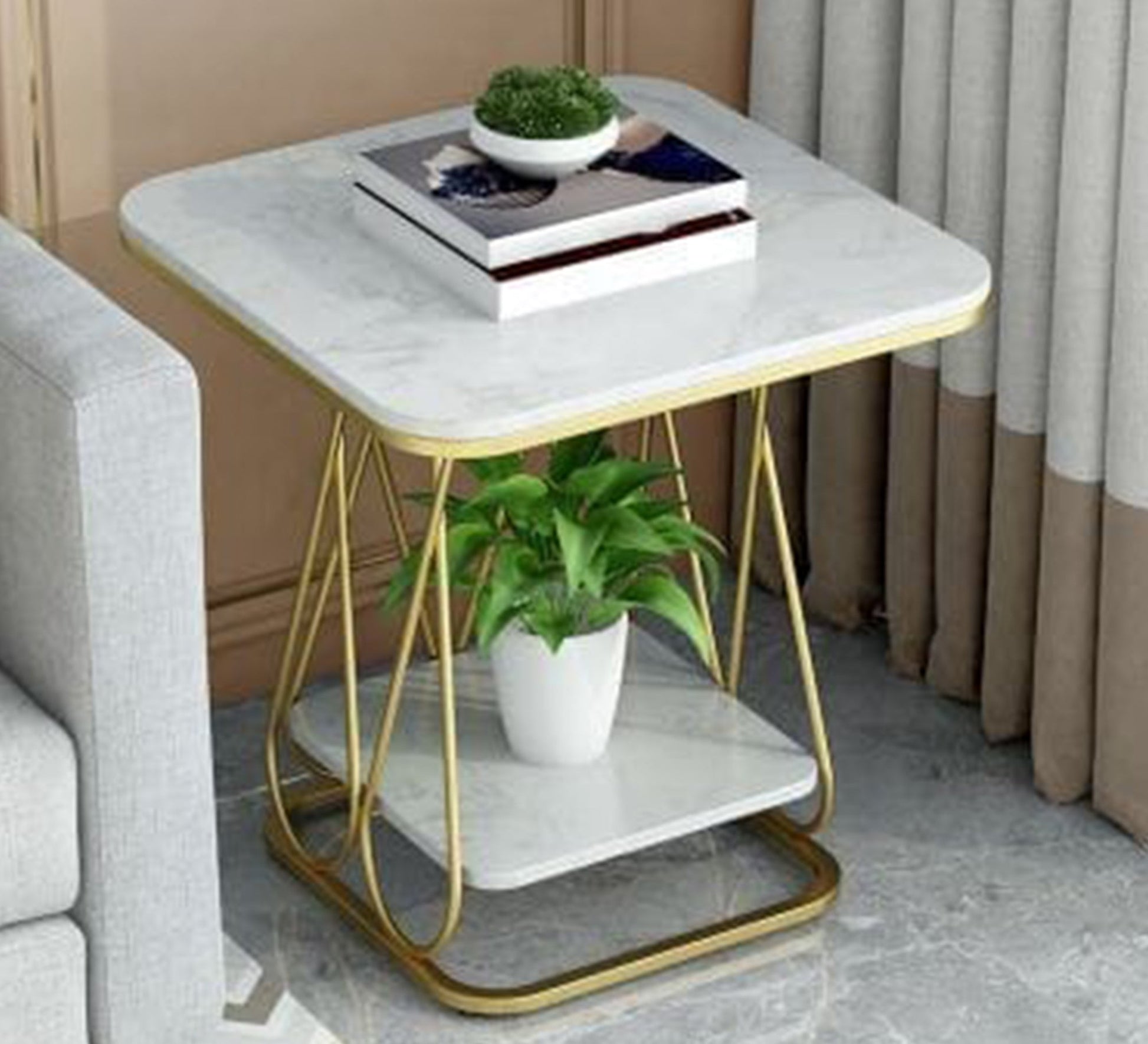 White marble double - topped side table - Vitrine Furniture - Furniture