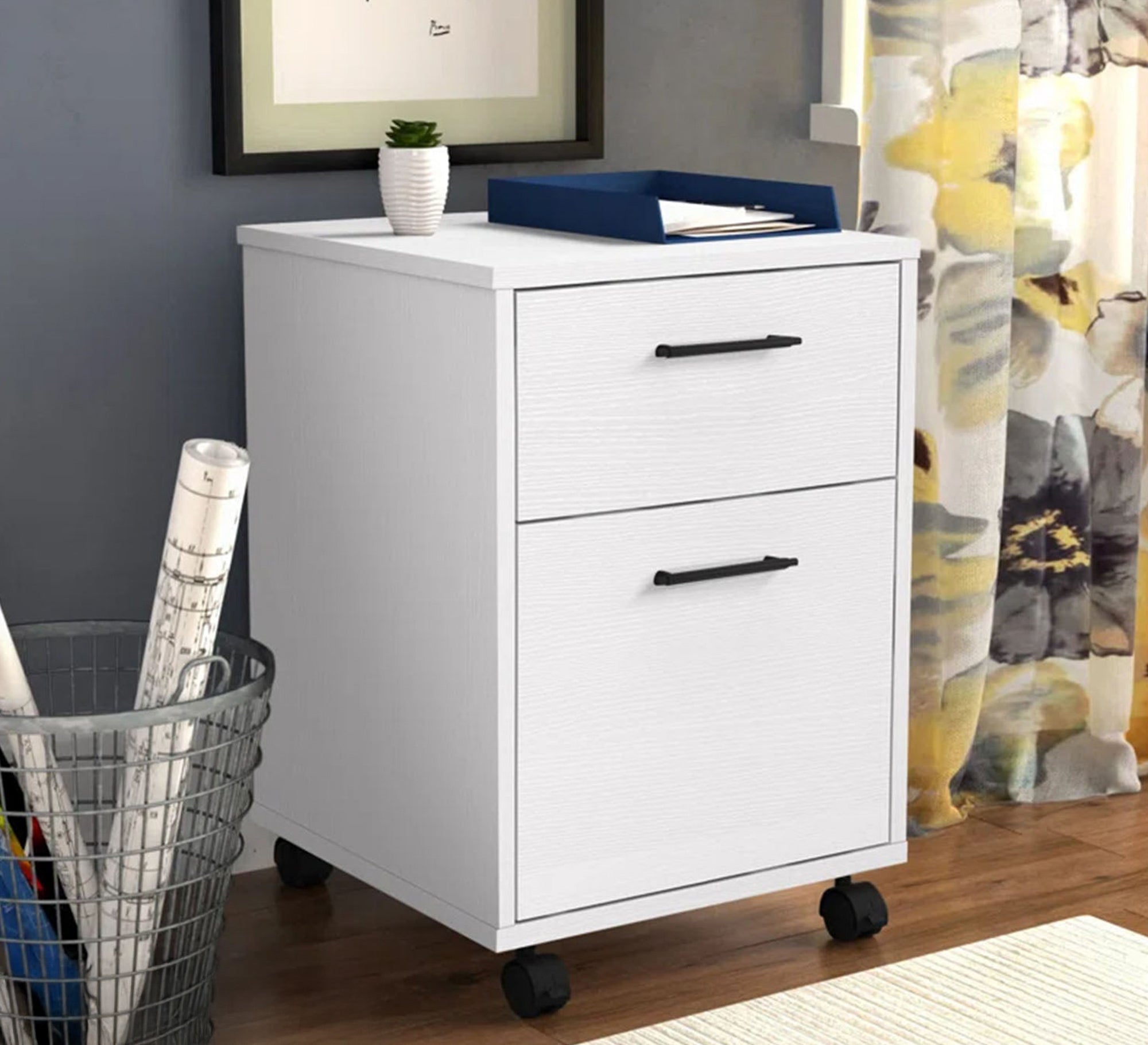 White mobile storage unit with 2 drawers - Vitrine Furniture - Furniture