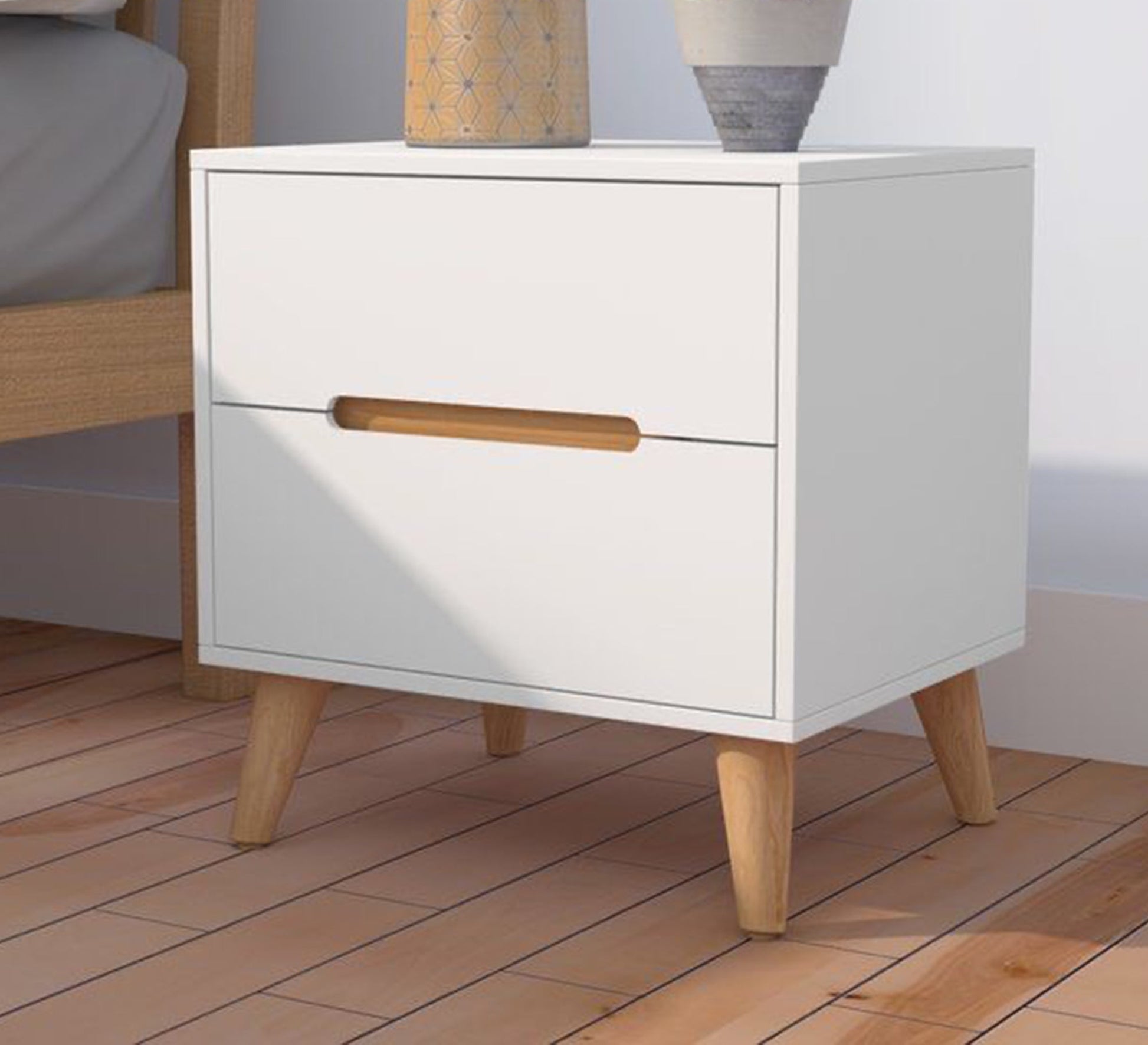 White nightstand with beige wooden legs - Vitrine Furniture - Furniture