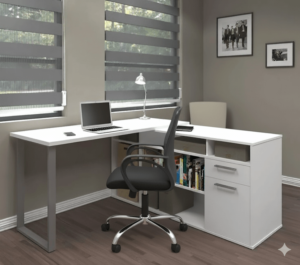 White office desk with multiple shelves and office chair with movable legs - Vitrine Furniture - Furniture