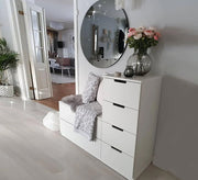 White shoe rack with a bench and storage drawers Additional items: - Vitrine Furniture - Furniture