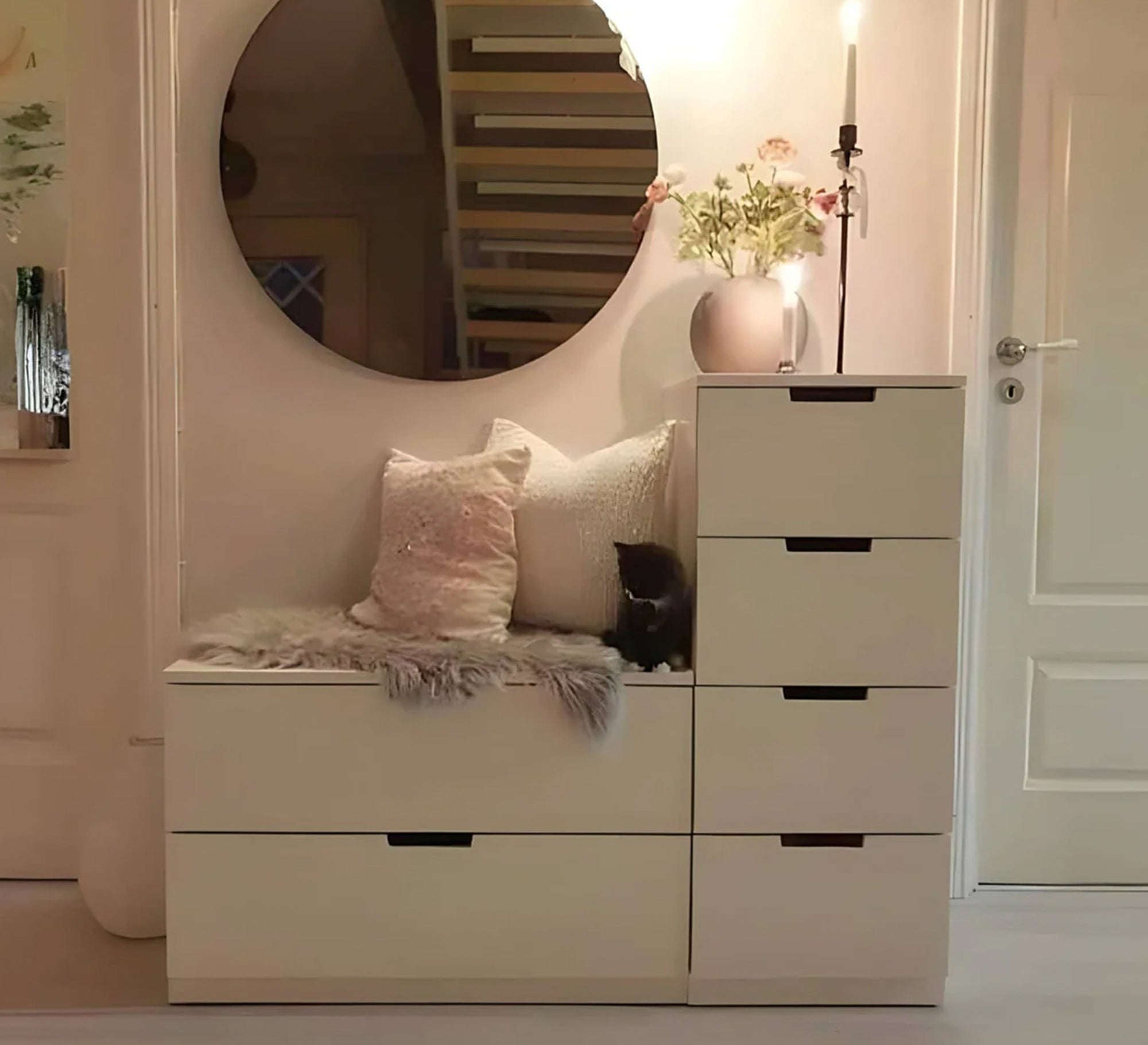 White shoe rack with a bench and storage drawers Additional items: - Vitrine Furniture - Furniture