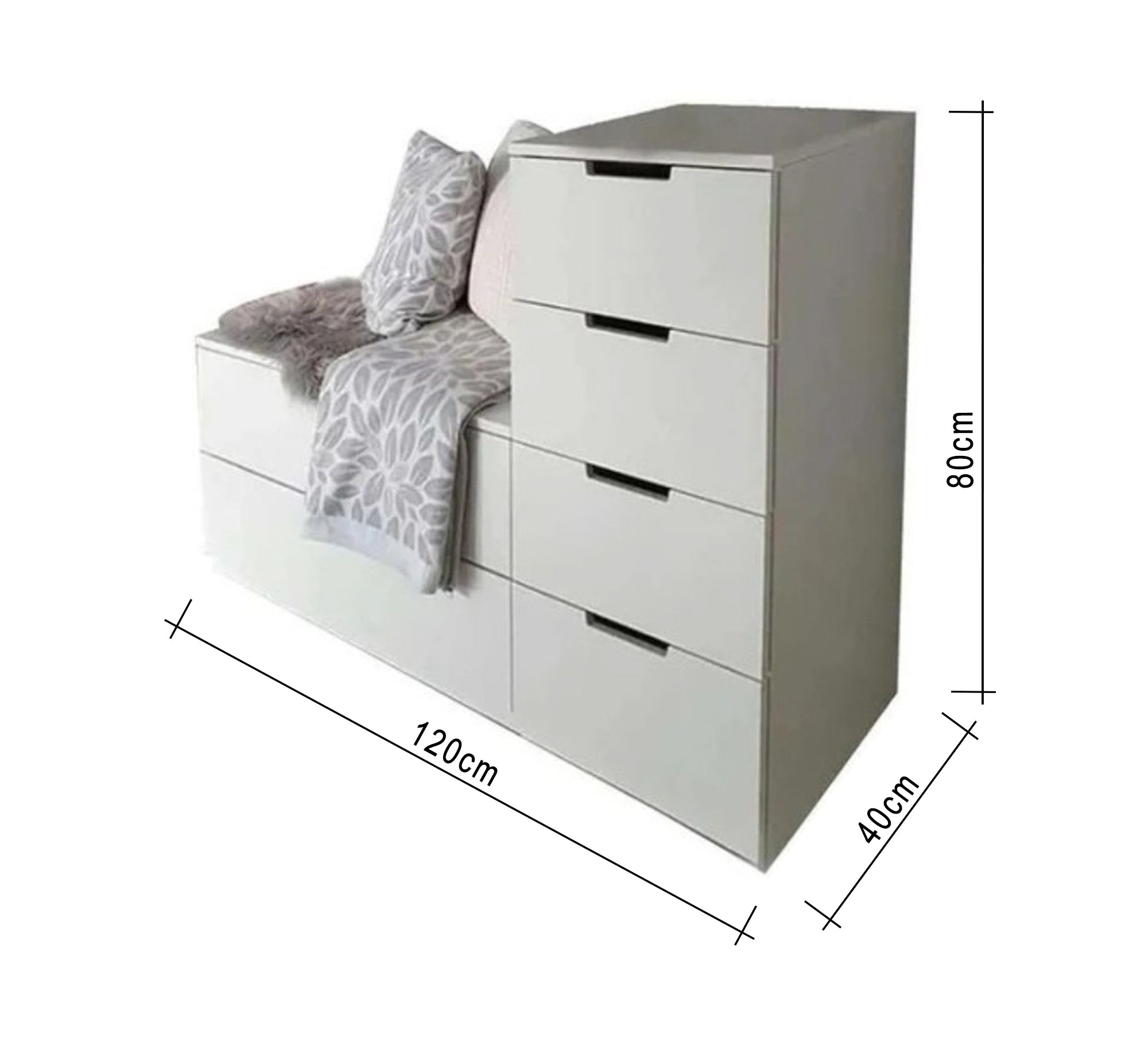 White shoe rack with a bench and storage drawers Additional items: - Vitrine Furniture - Furniture