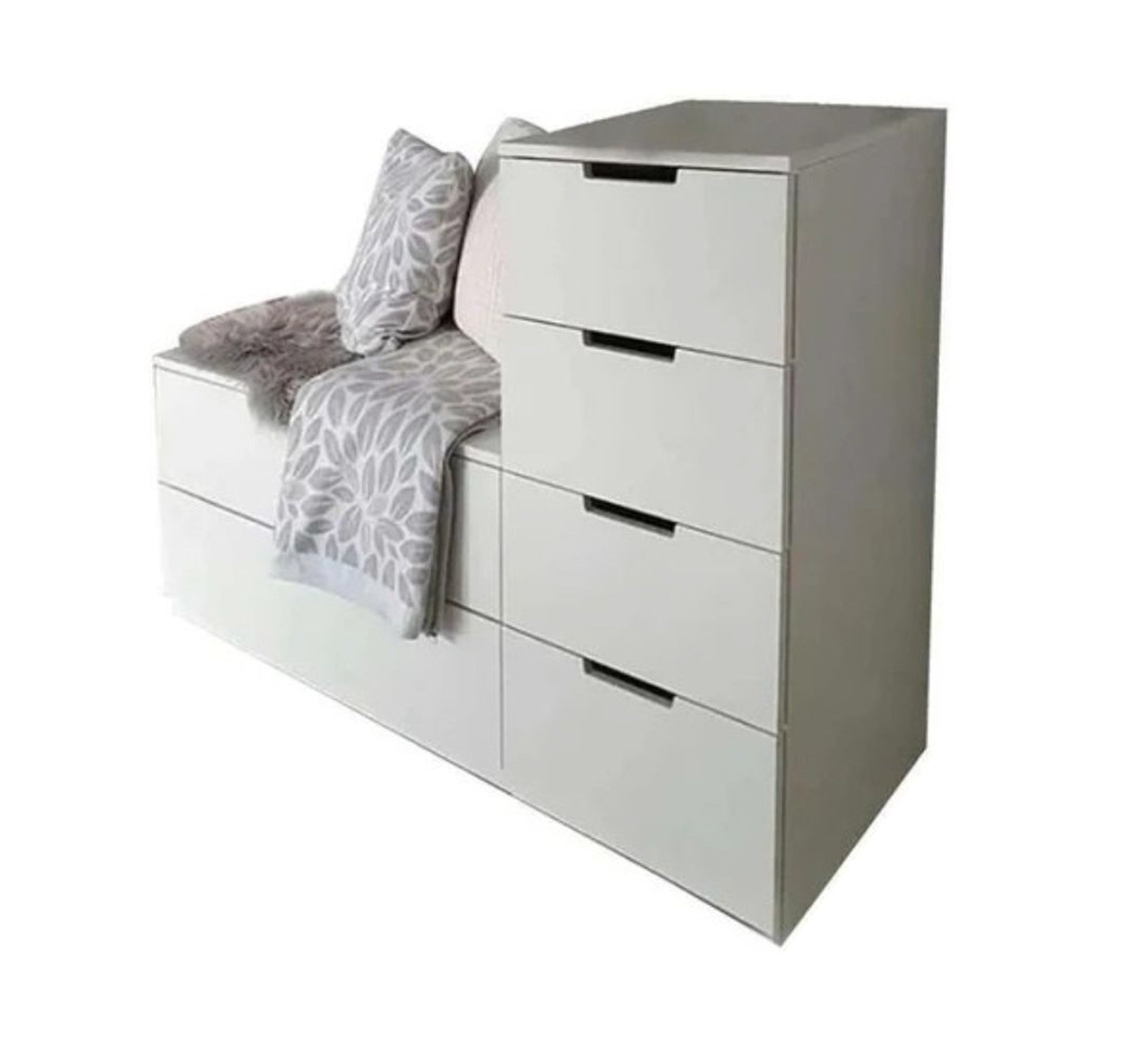 White shoe rack with a bench and storage drawers Additional items: - Vitrine Furniture - Furniture
