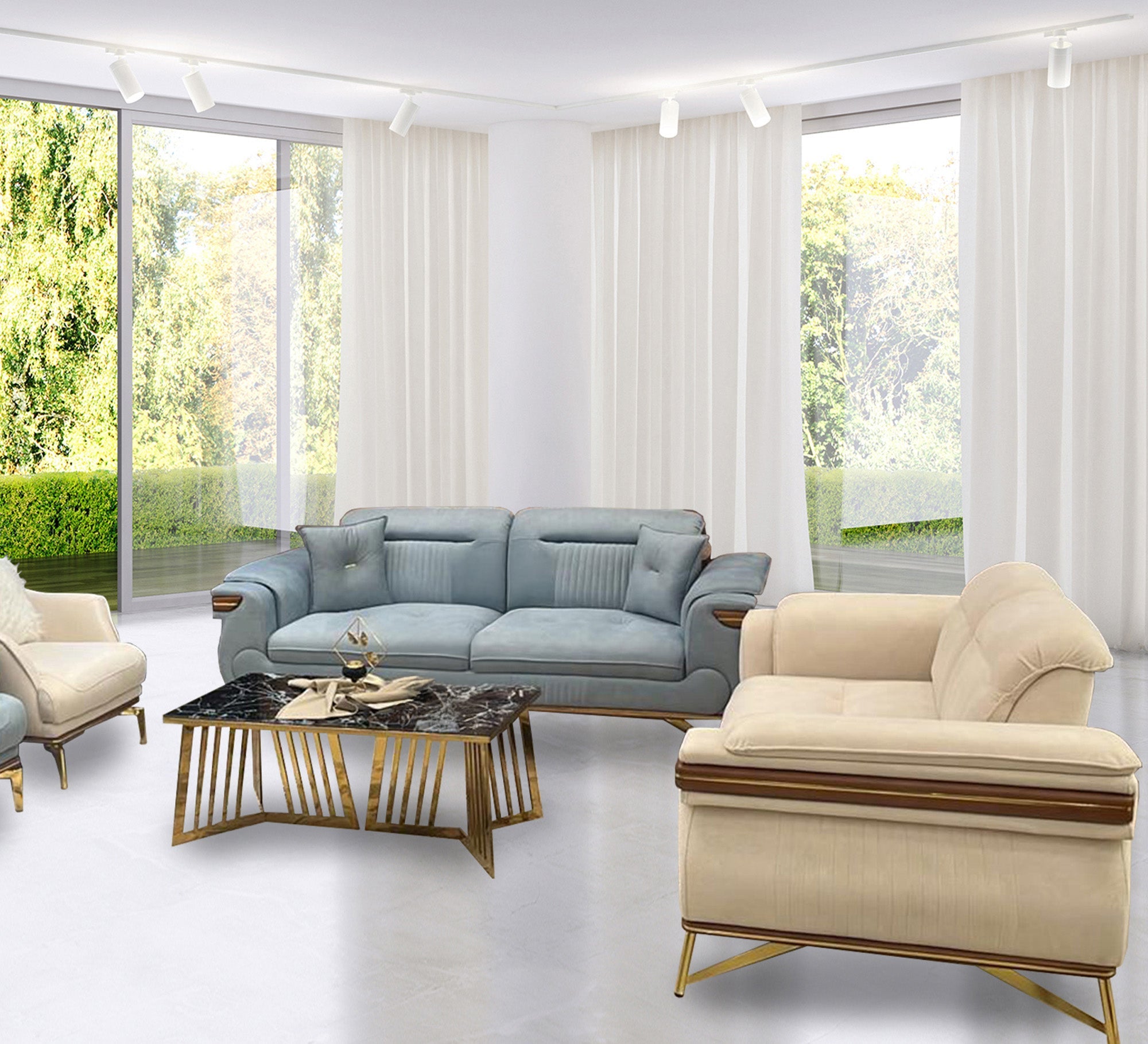 White * sky blue living room - Vitrine Furniture - Salon Sets
