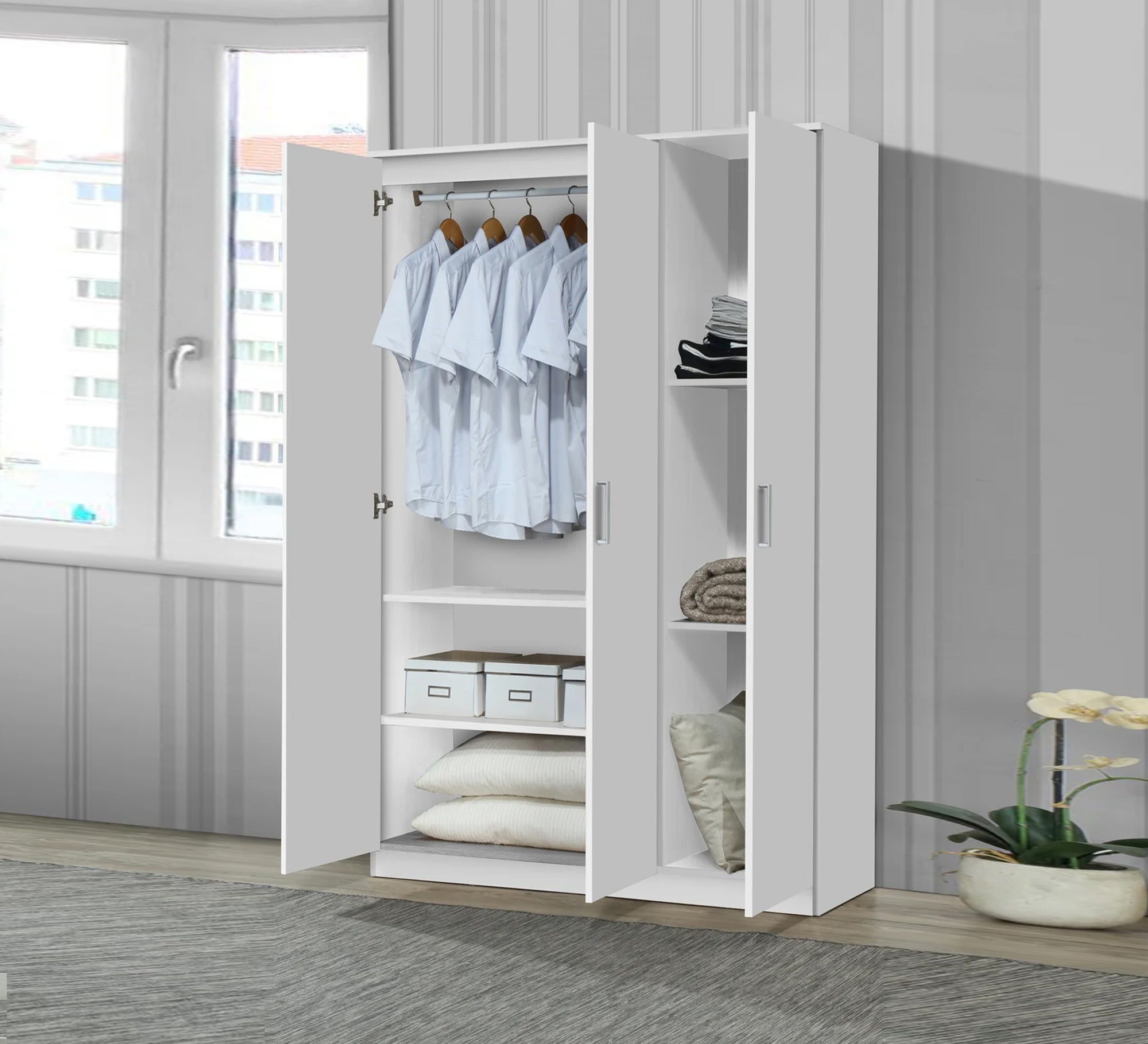 White Three - Doors Wardrobe, Sleek & Spacious - Vitrine Furniture - Furniture