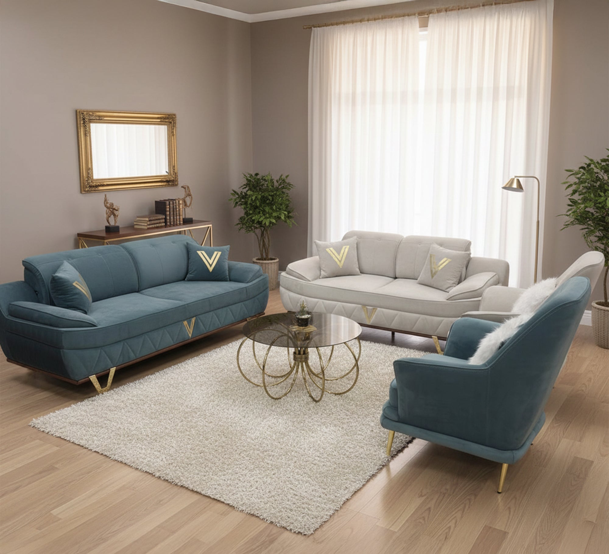 White * turquoise living room with steel legs - Vitrine Furniture - Salon Sets