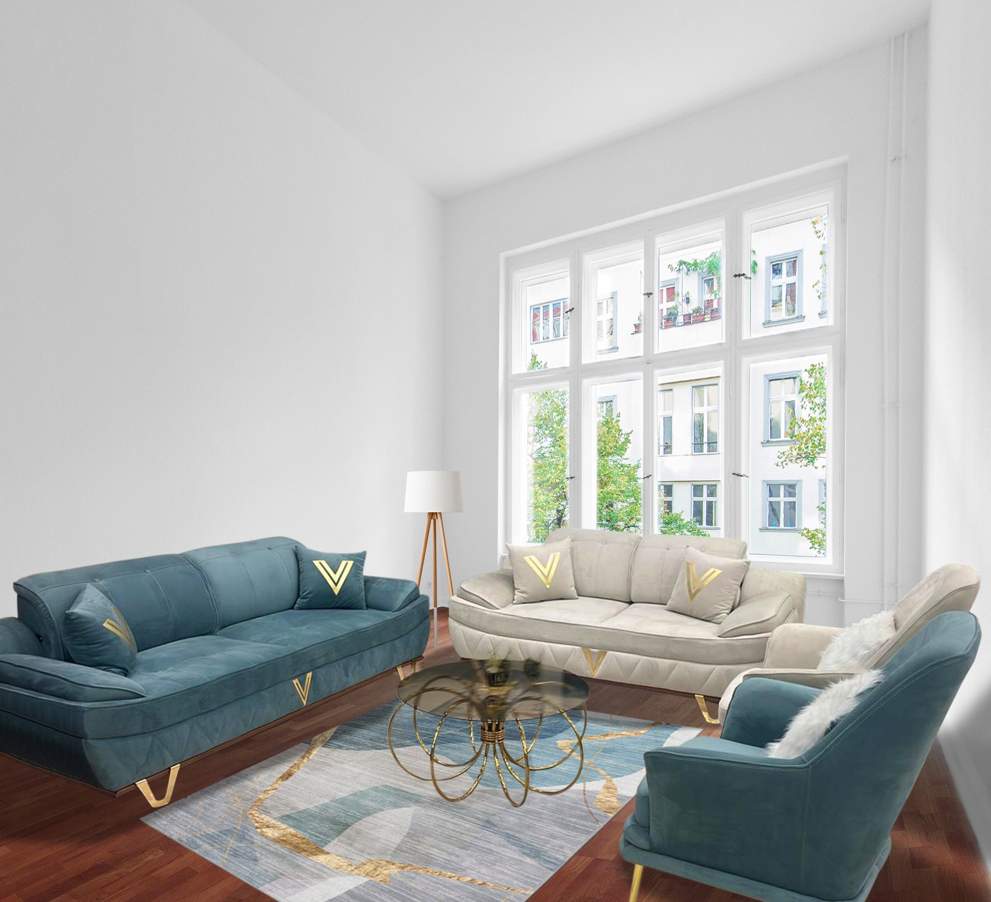 White * turquoise living room with steel legs - Vitrine Furniture - Salon Sets