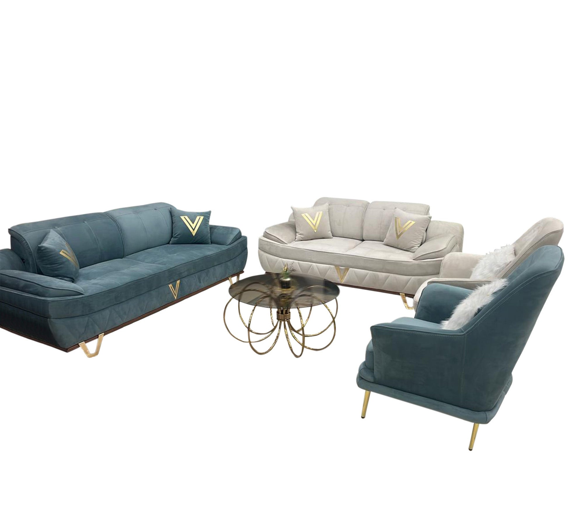 White * turquoise living room with steel legs - Vitrine Furniture - Salon Sets