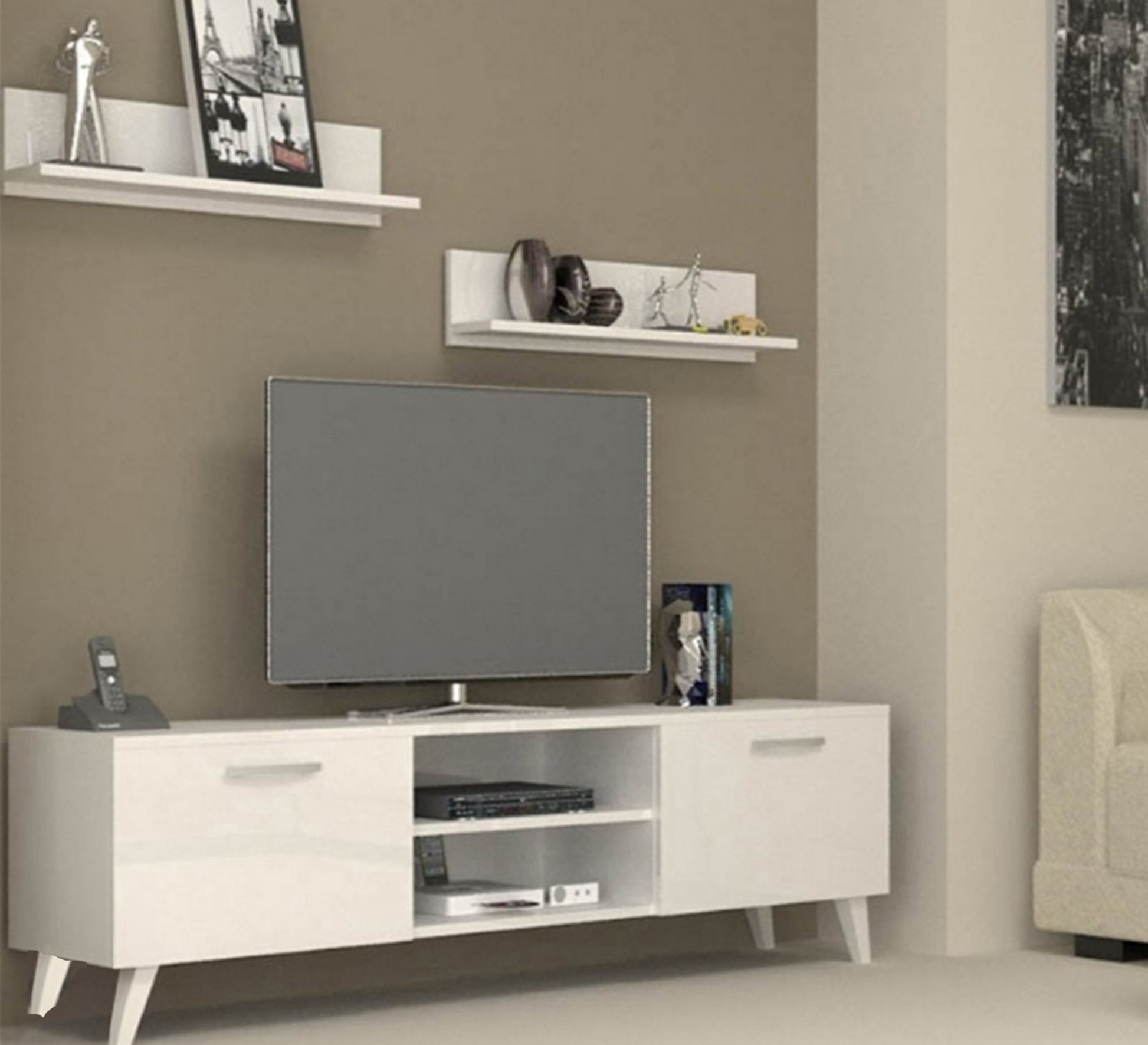 White TV screen unit with slanted legs - Vitrine Furniture - Furniture