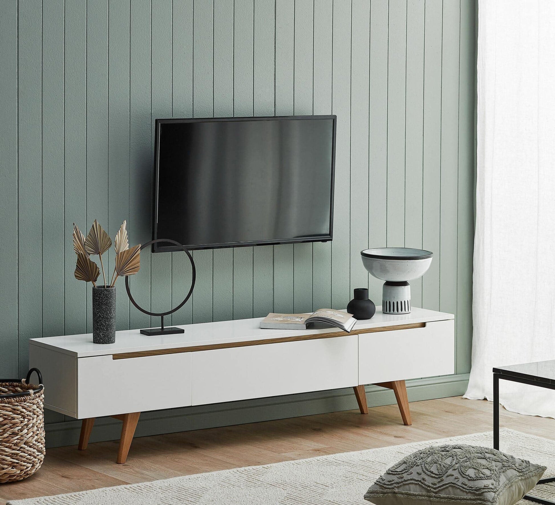 White TV table with brown accents - Vitrine Furniture - Furniture