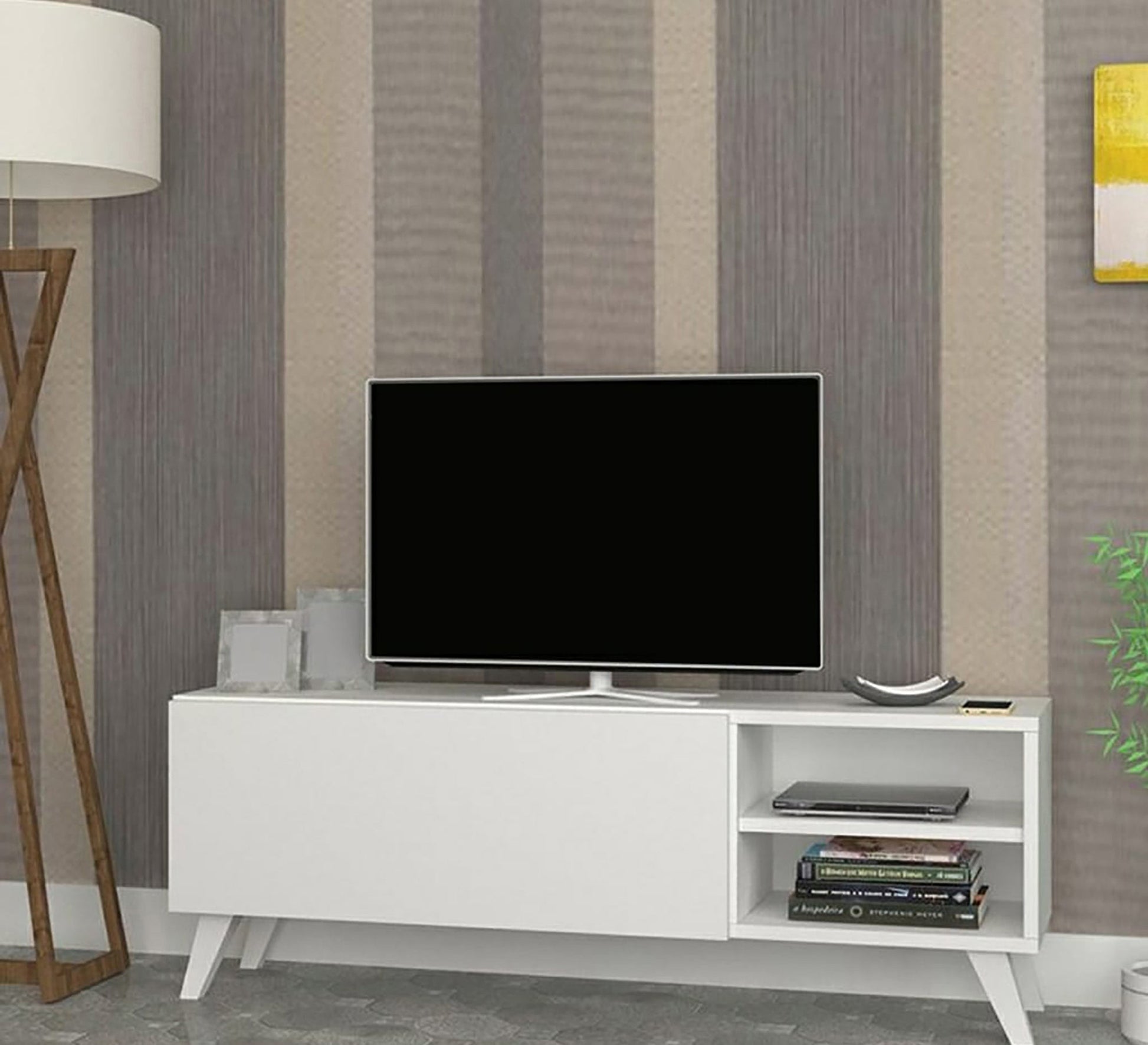 White TV unit with shelf and flap - Vitrine Furniture - Furniture