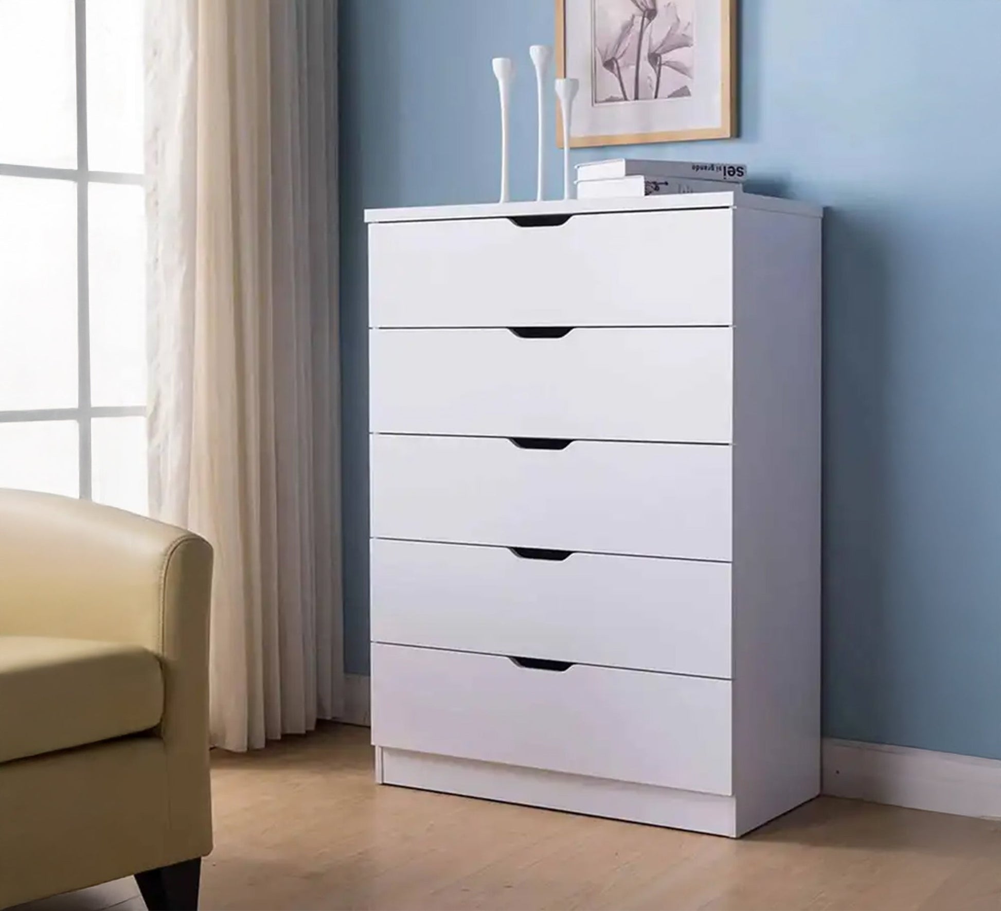 White vertical storage unit with 5 modern drawers - Vitrine Furniture - Furniture