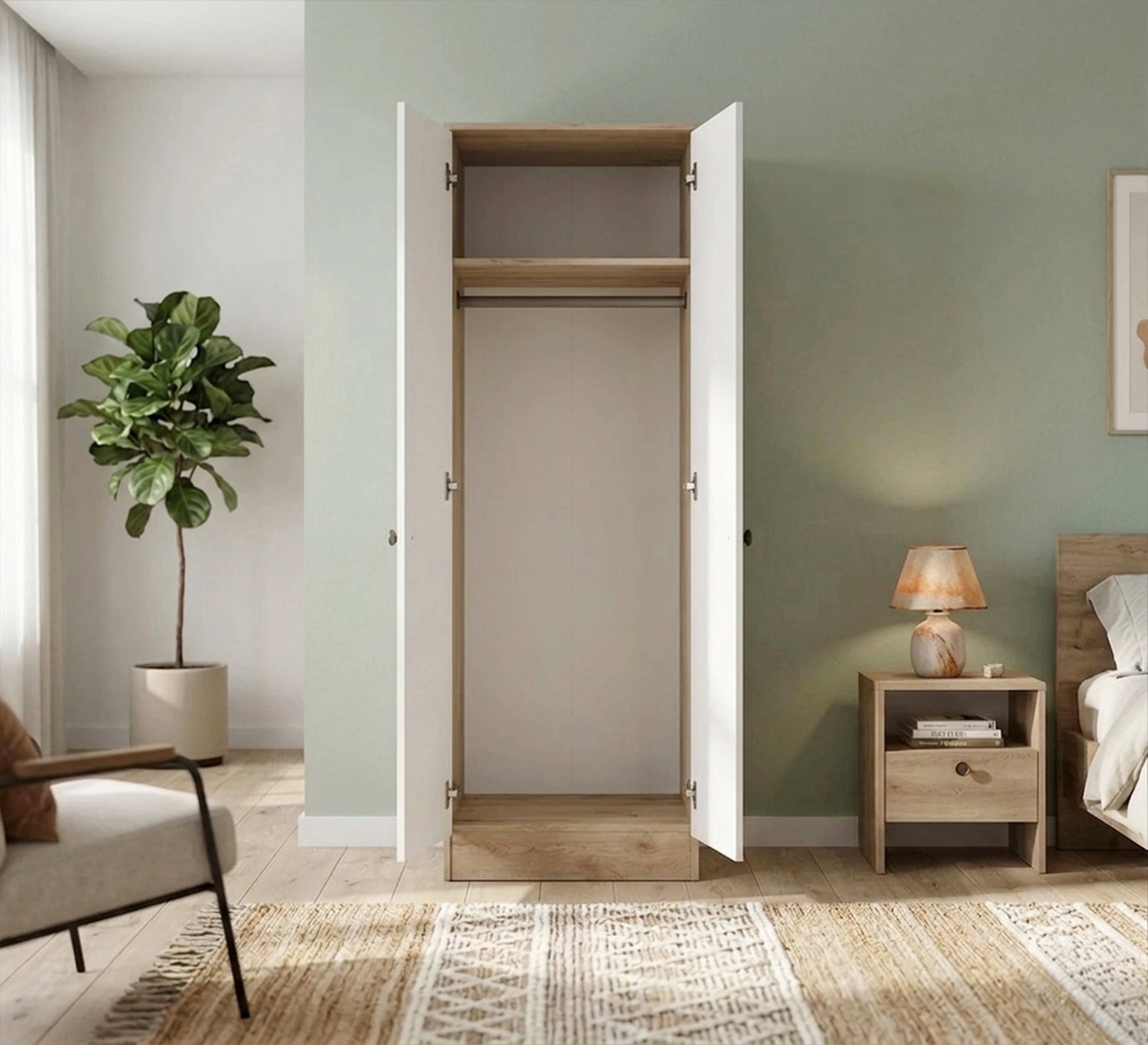 White Wardrobe with Beige Wooden Base - Vitrine Furniture - Wardrobes