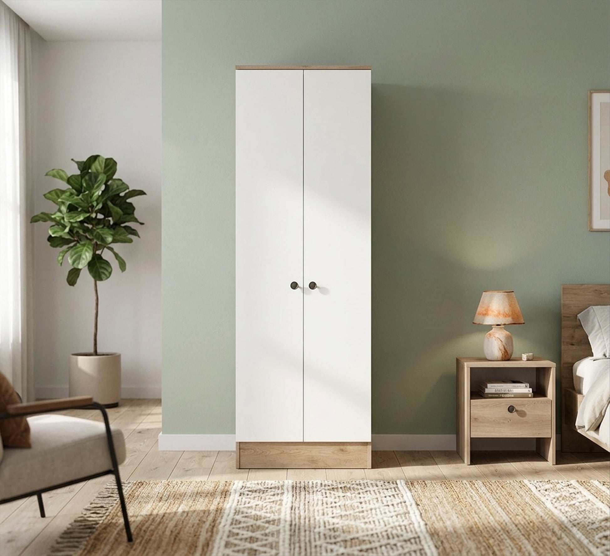 White Wardrobe with Beige Wooden Base - Vitrine Furniture - Wardrobes