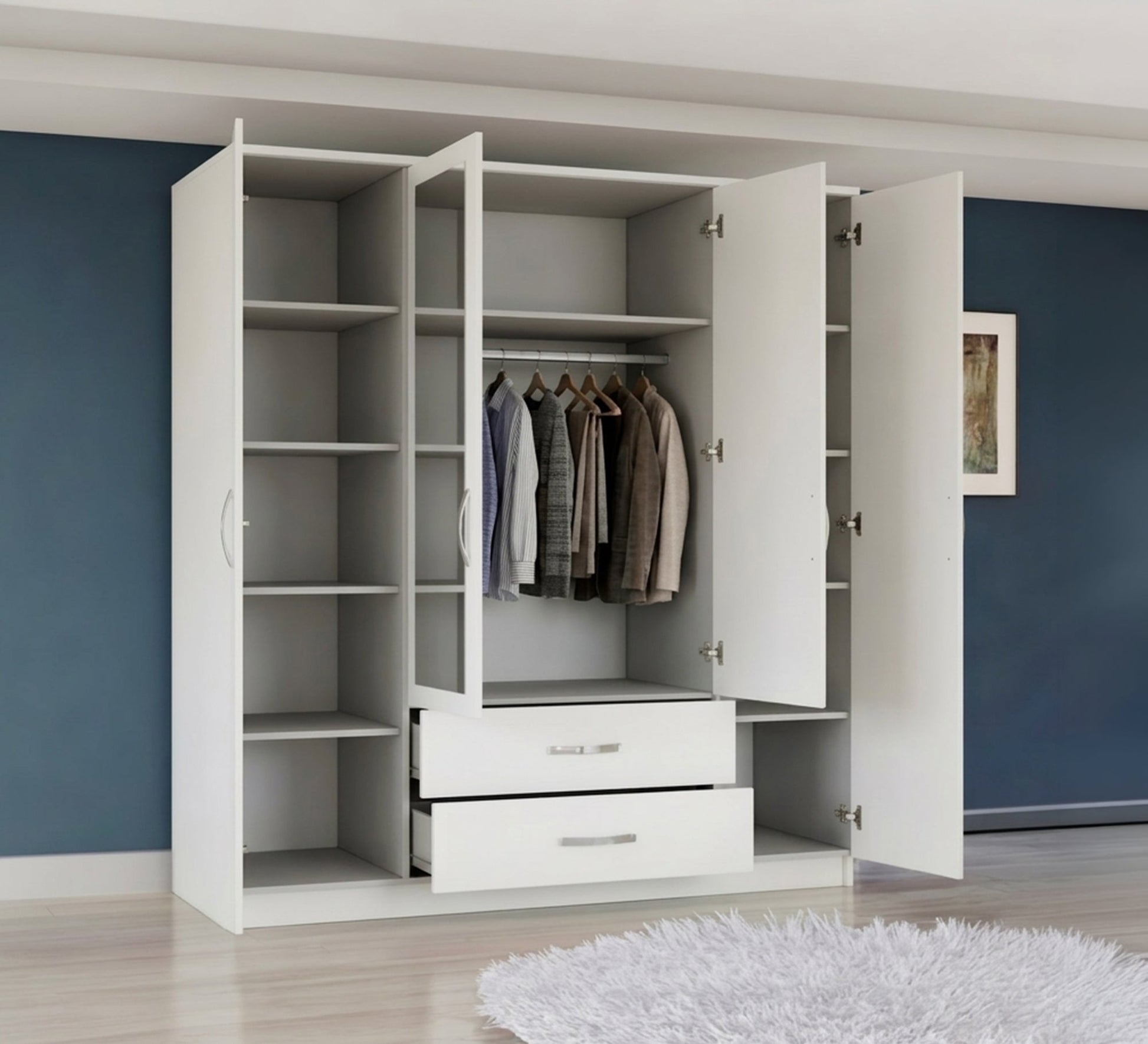 White wardrobe with four doors and two drawers - Vitrine Furniture - Wardrobes