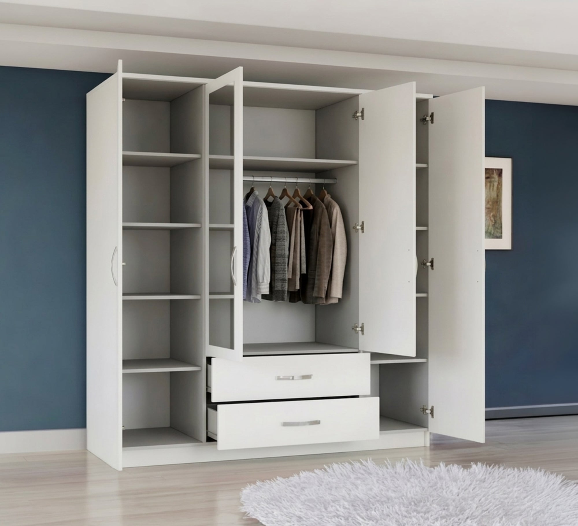 White wardrobe with four doors and two drawers - Vitrine Furniture - Wardrobes