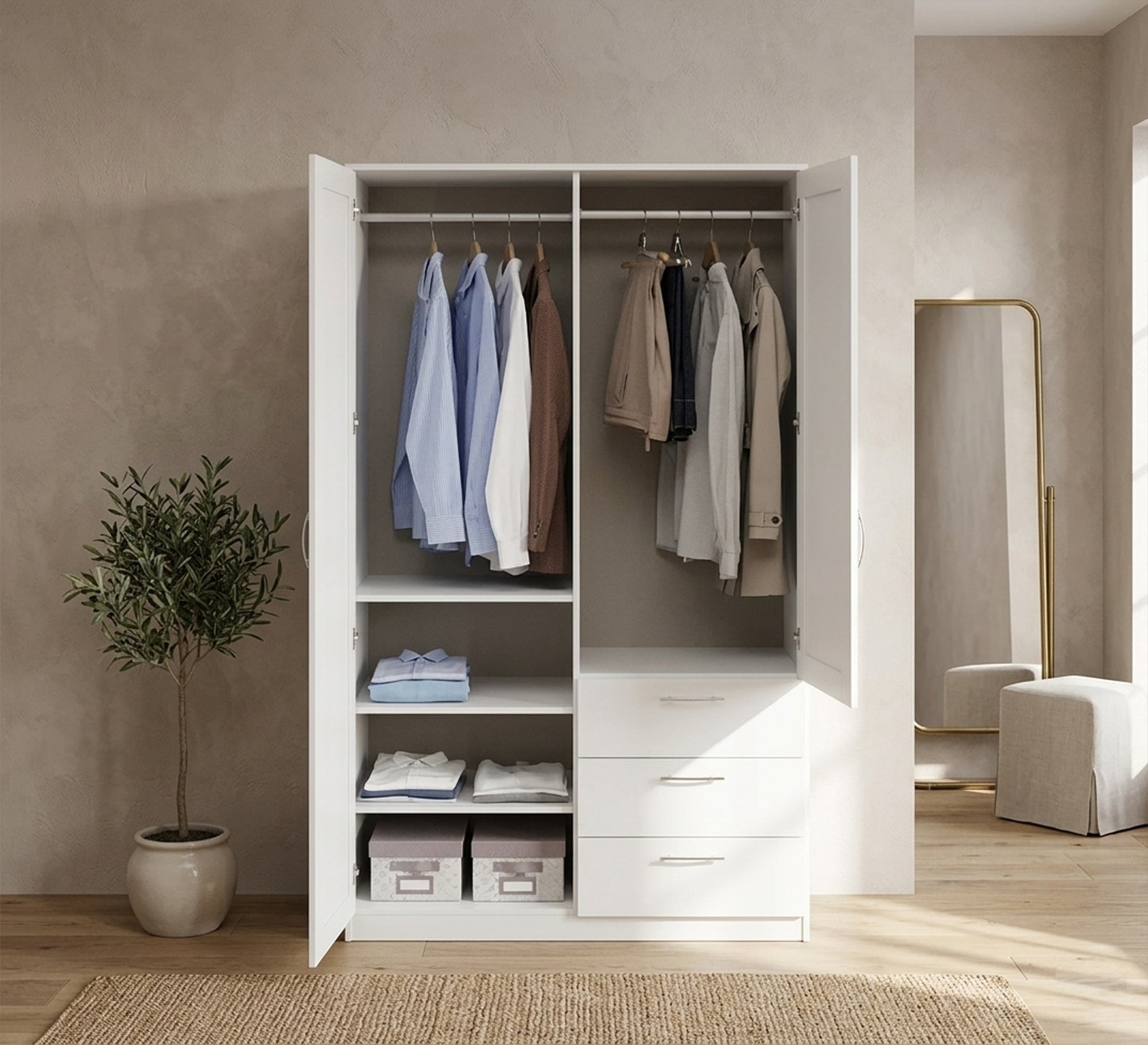 White Wardrobe with Hinged Doors with Leaf Design - Vitrine Furniture - Wardrobes