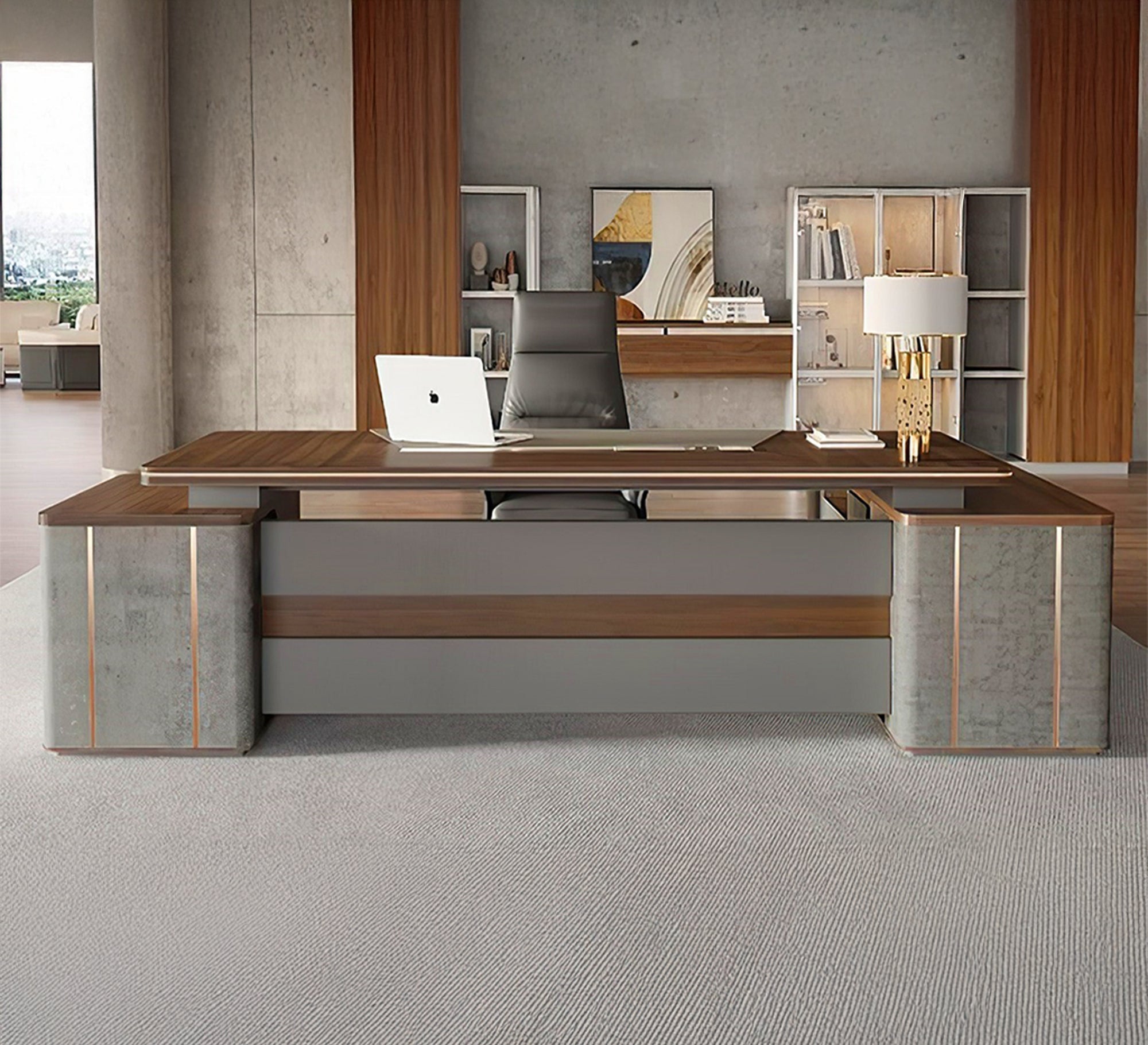 Wide corner desk with a wooden top and massive gray bases - Vitrine Furniture - Furniture
