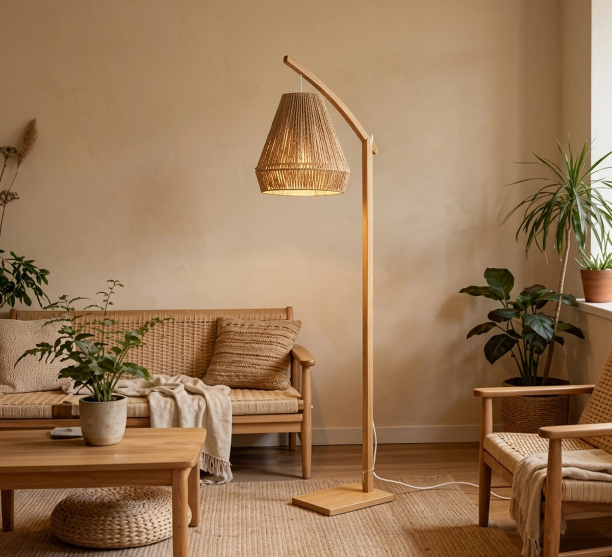 Wooden Arc Floor Lamp Woven Shade - Vitrine Furniture - Floor lamps