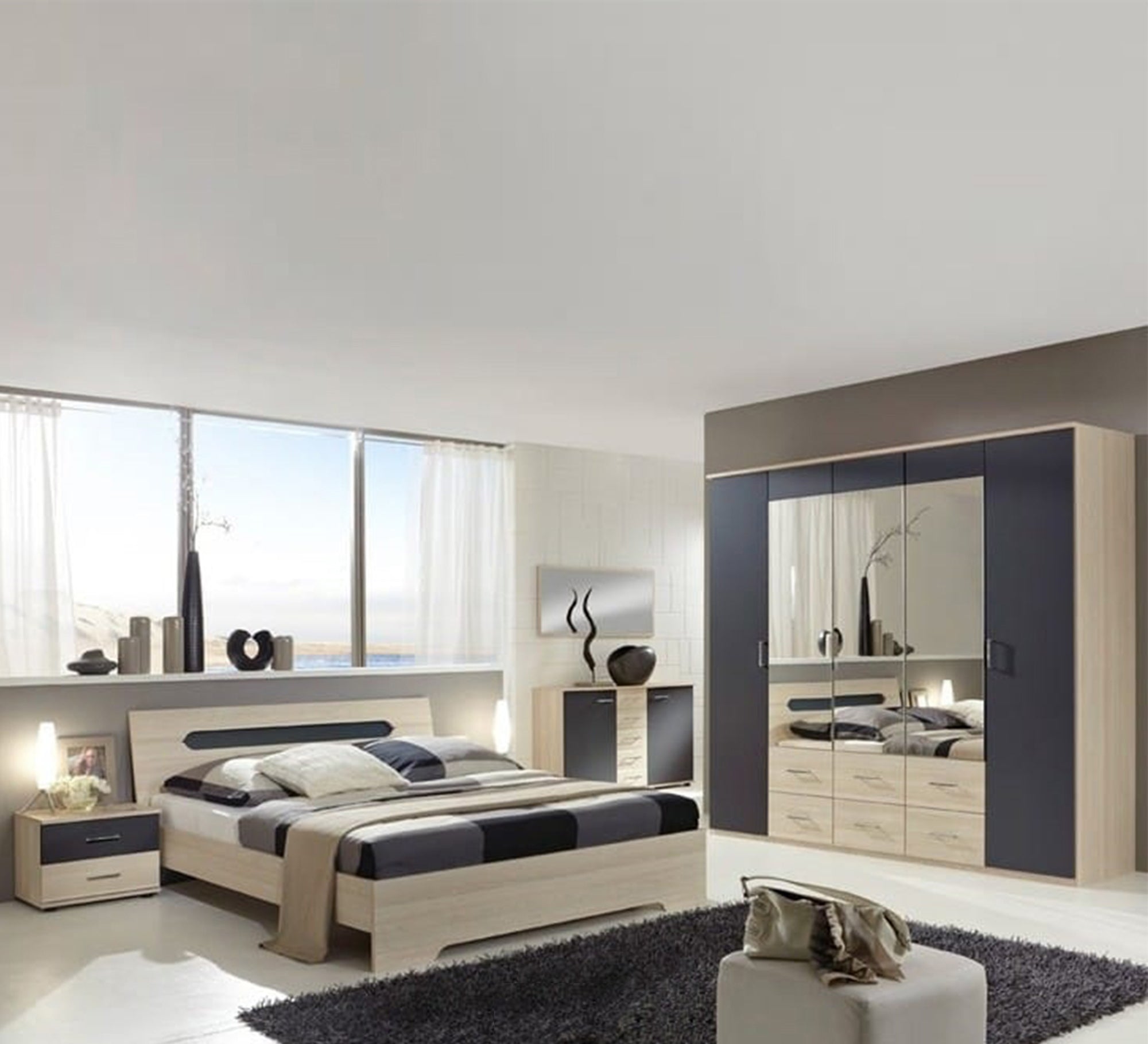 Wooden beige bedroom * grey - Vitrine Furniture - Bed Sets