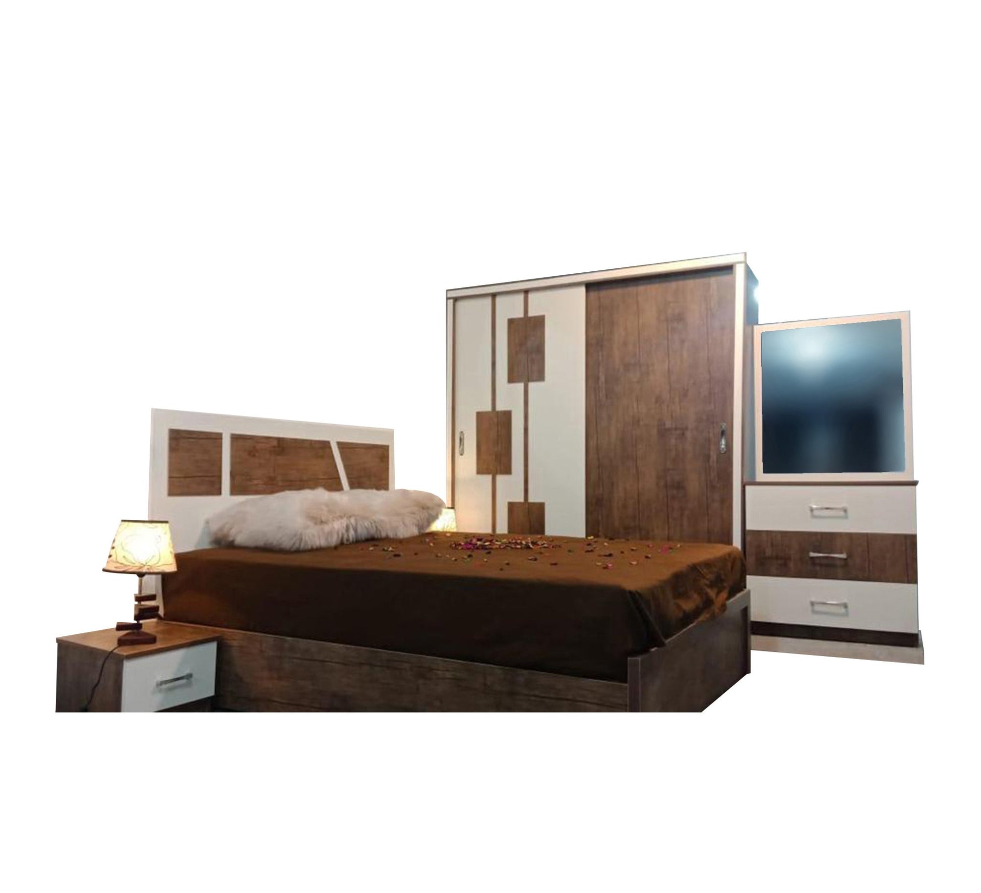 Wooden brown bedroom for youth with sliding wardrobe - Vitrine Furniture - Bed Sets