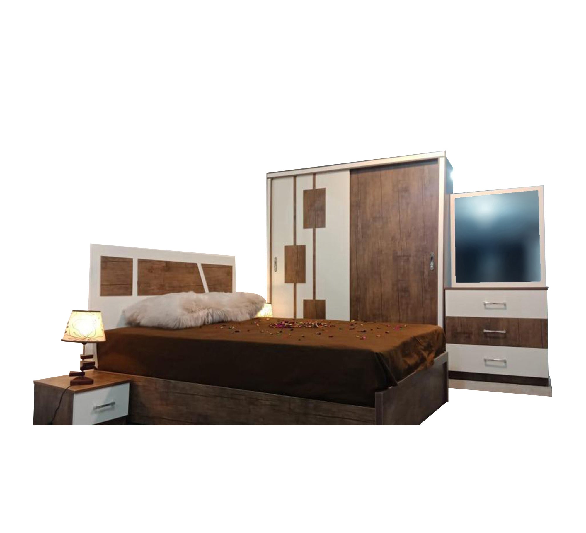 Wooden brown bedroom for youth with sliding wardrobe - Vitrine Furniture - Bed Sets