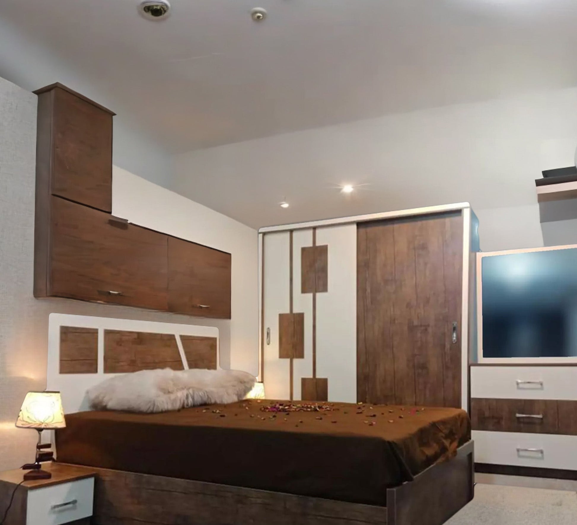 Wooden brown bedroom for youth with sliding wardrobe - Vitrine Furniture - Bed Sets