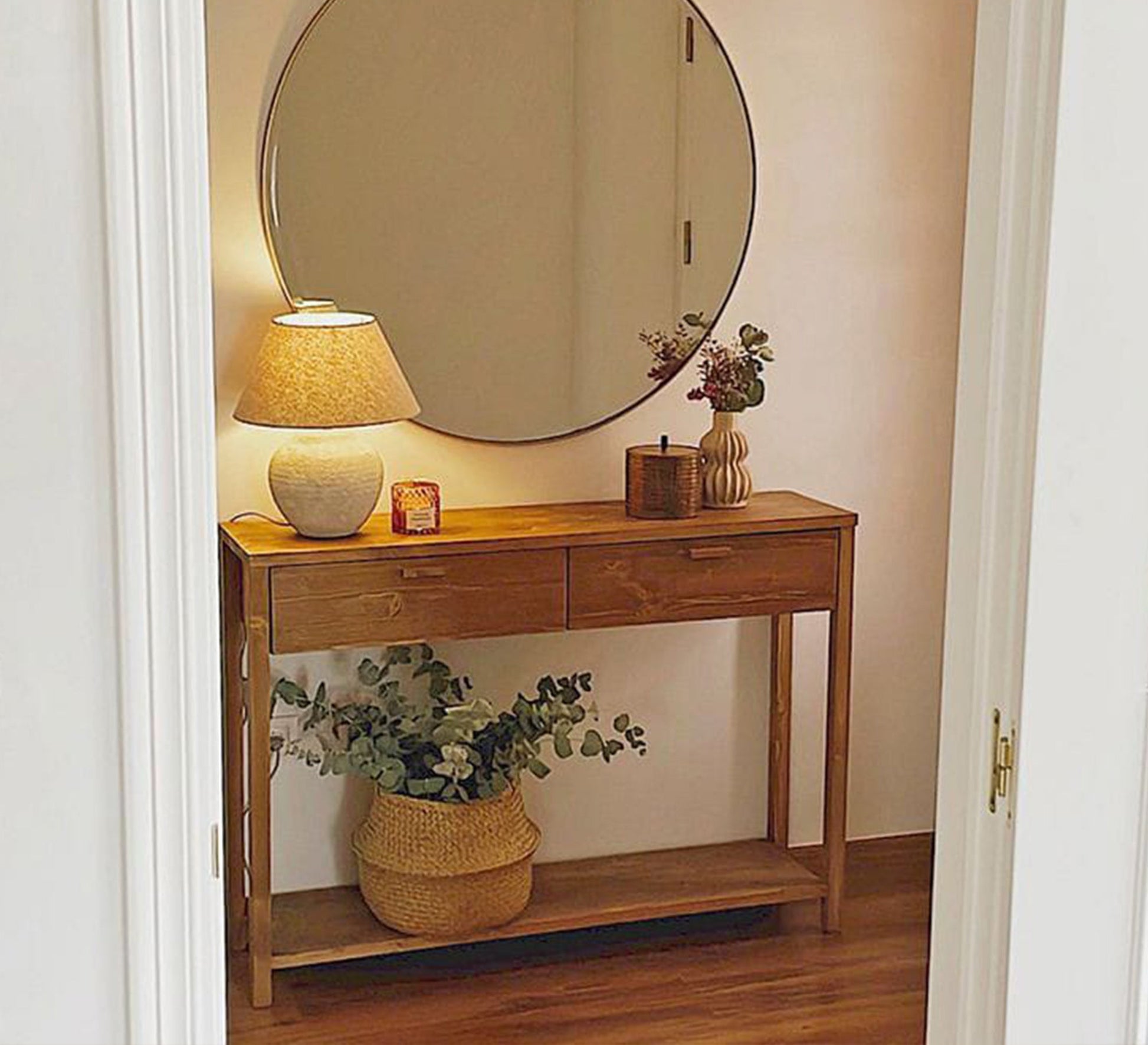 Wooden console table with drawers and lower shelf with round mirror top - Vitrine Furniture - Furniture