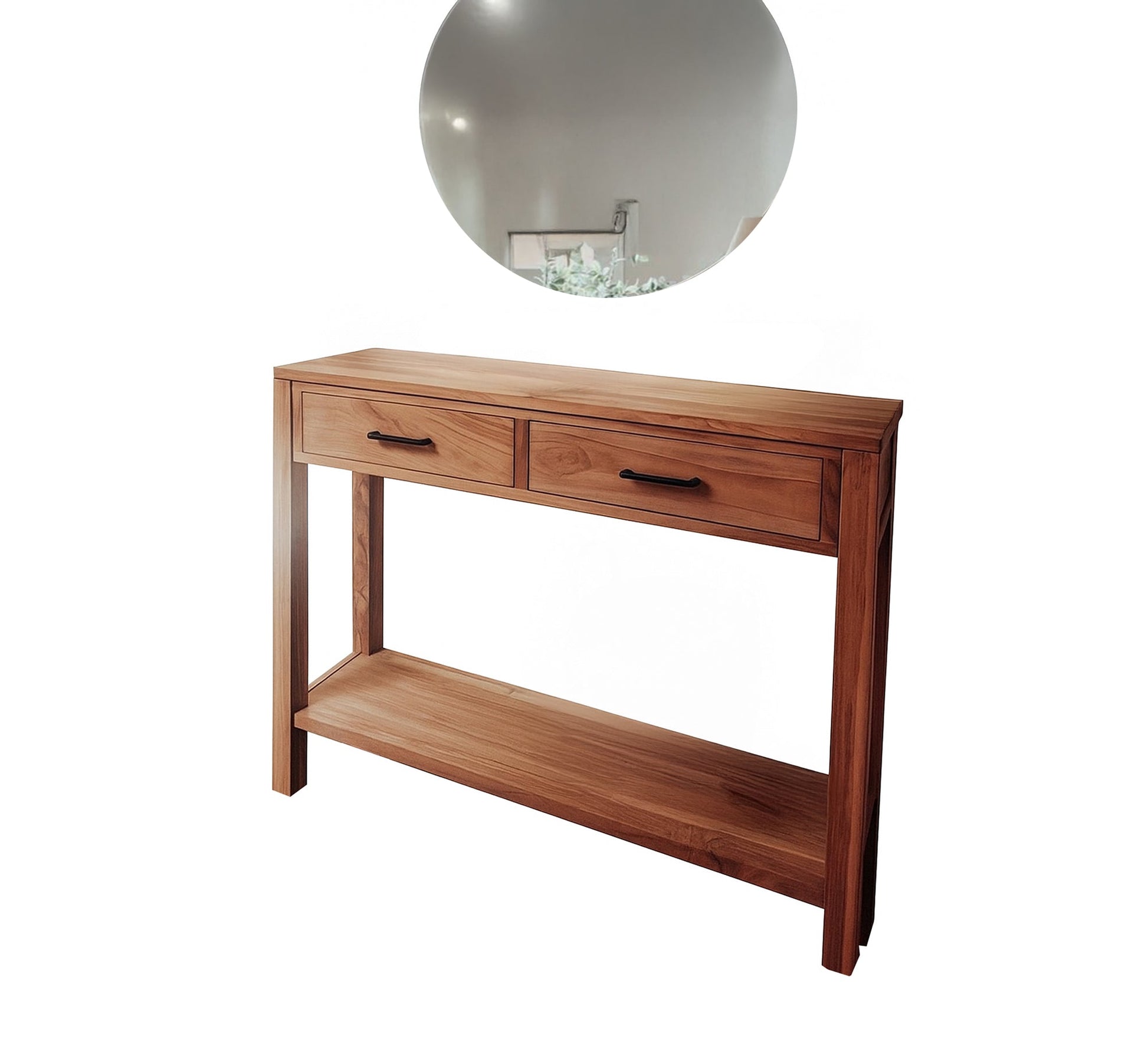 Wooden console table with two drawers and a shelf with a round mirror top - Vitrine Furniture - Furniture