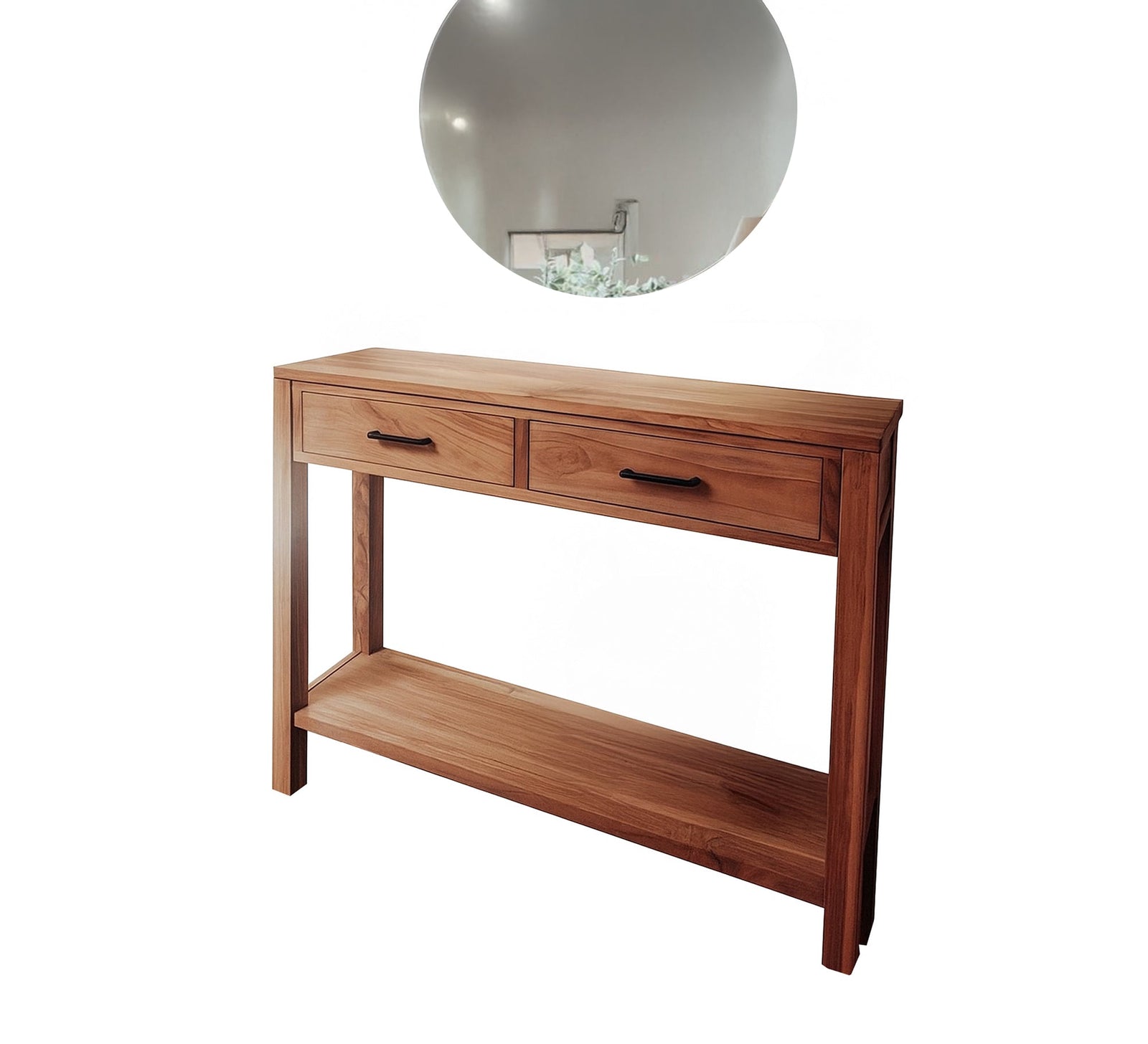 Wooden console table with two drawers and a shelf with a round mirror top - Vitrine Furniture - Furniture