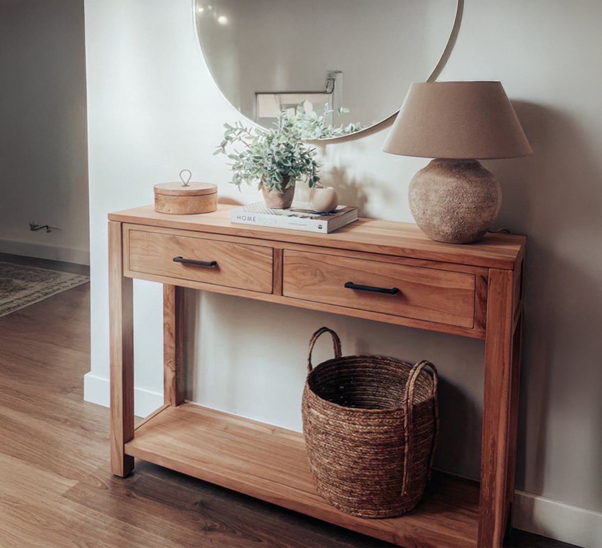 Wooden console table with two drawers and a shelf with a round mirror top - Vitrine Furniture - Furniture