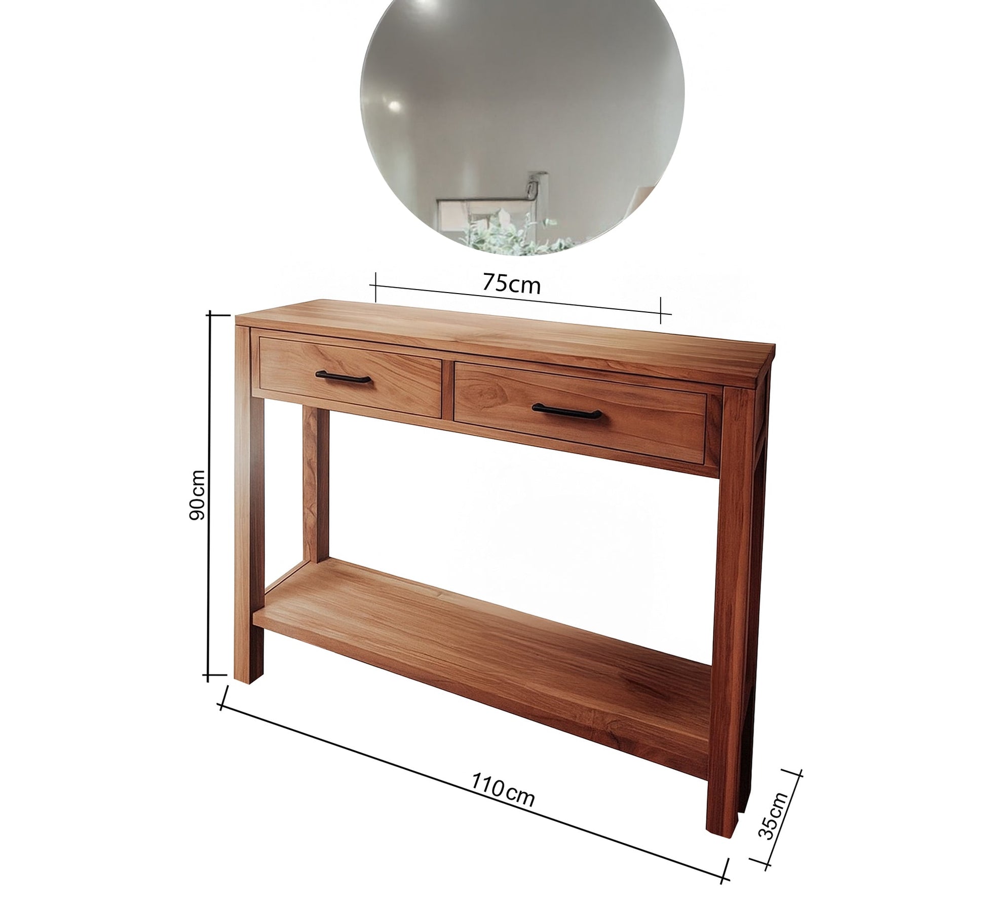 Wooden console table with two drawers and a shelf with a round mirror top - Vitrine Furniture - Furniture