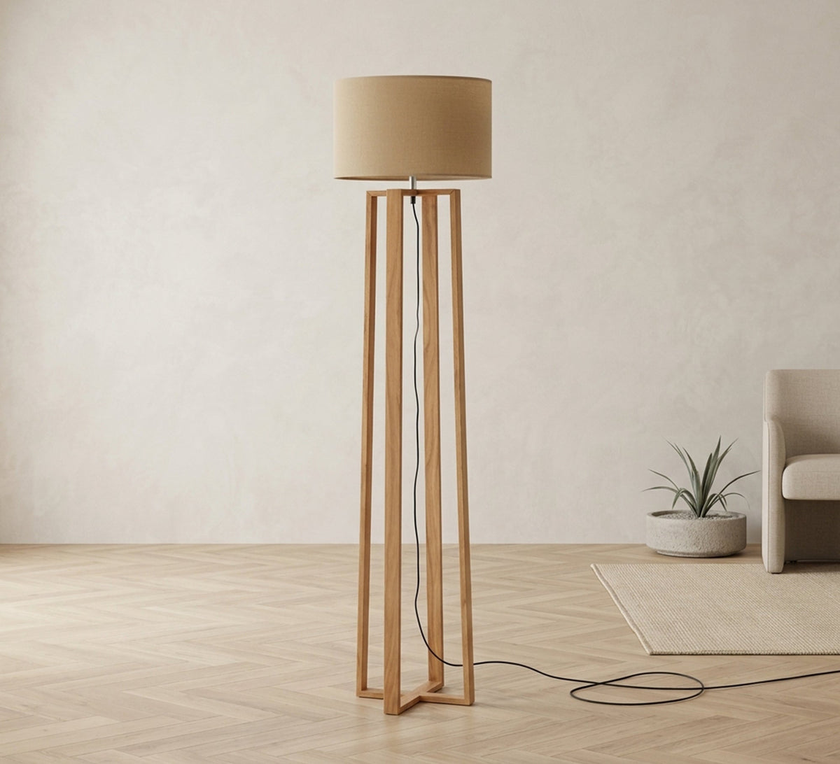 Wooden Four Leg Beige Shade Lamp - Vitrine Furniture - Floor lamps