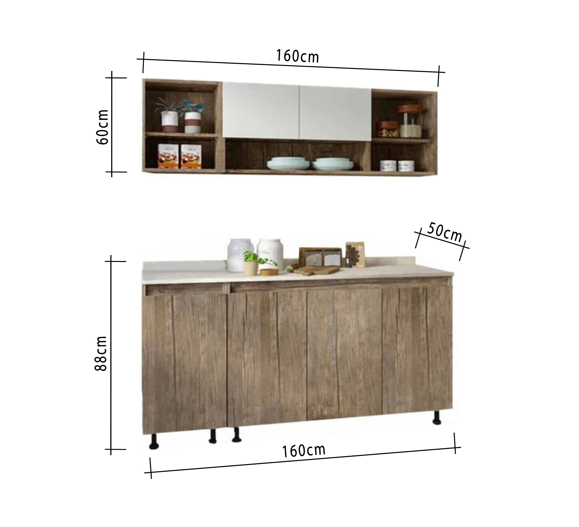 Wooden kitchen cabinet with shelves and a white top - Vitrine Furniture - Furniture