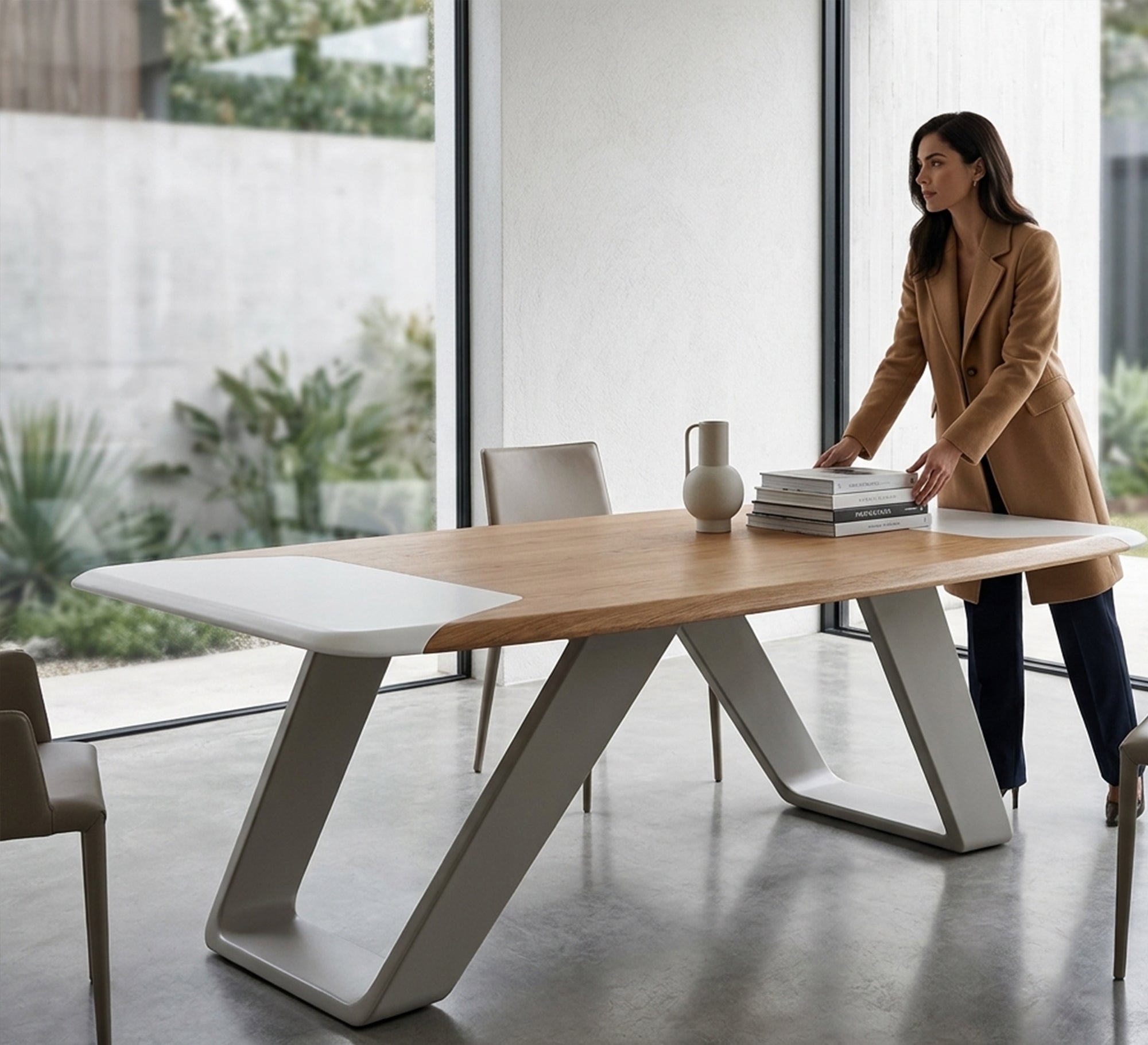 Wooden Meeting Table with White Edges and Openwork Geometric Legs - Vitrine Furniture - Desks
