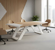 Wooden Meeting Table with White Edges and Openwork Geometric Legs - Vitrine Furniture - Furniture
