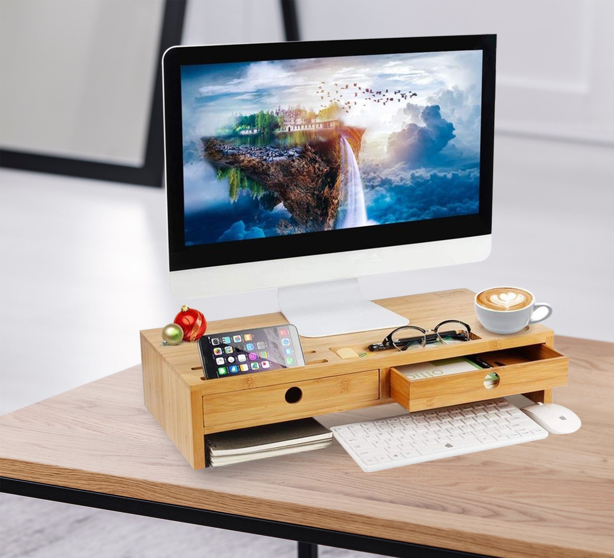 Wooden Monitor Stand with Two Drawers - Vitrine Furniture - TV Table & Cabinet