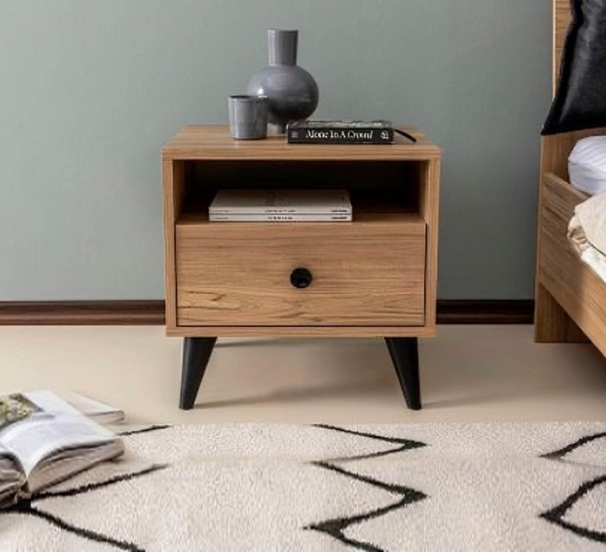 Wooden nightstand with drawers and high black legs - Vitrine Furniture - Furniture